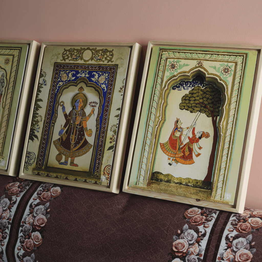 Mandawa Paintings, Shekhawati – Set of 3 | Radha Krishna Jhula, Divine Vishnu & Joyful Celebration | Fine Art Wall Photography Print