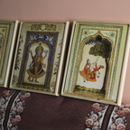 Mandawa Paintings, Shekhawati – Set of 3 | Radha Krishna Jhula, Divine Vishnu & Joyful Celebration | Fine Art Wall Photography Print