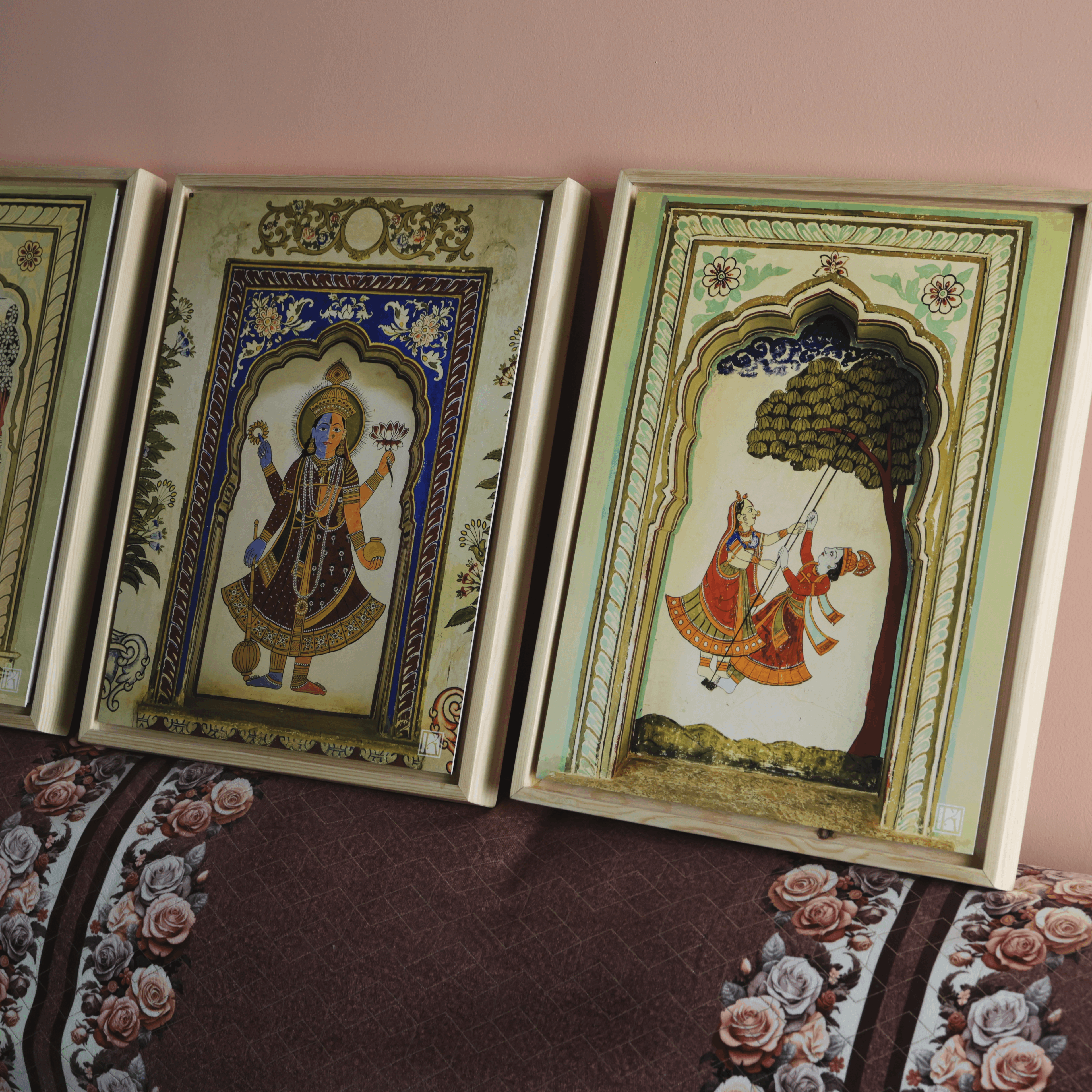Mandawa Paintings, Shekhawati – Set of 3 | Radha Krishna Jhula, Divine Vishnu & Joyful Celebration | Fine Art Wall Photography Print