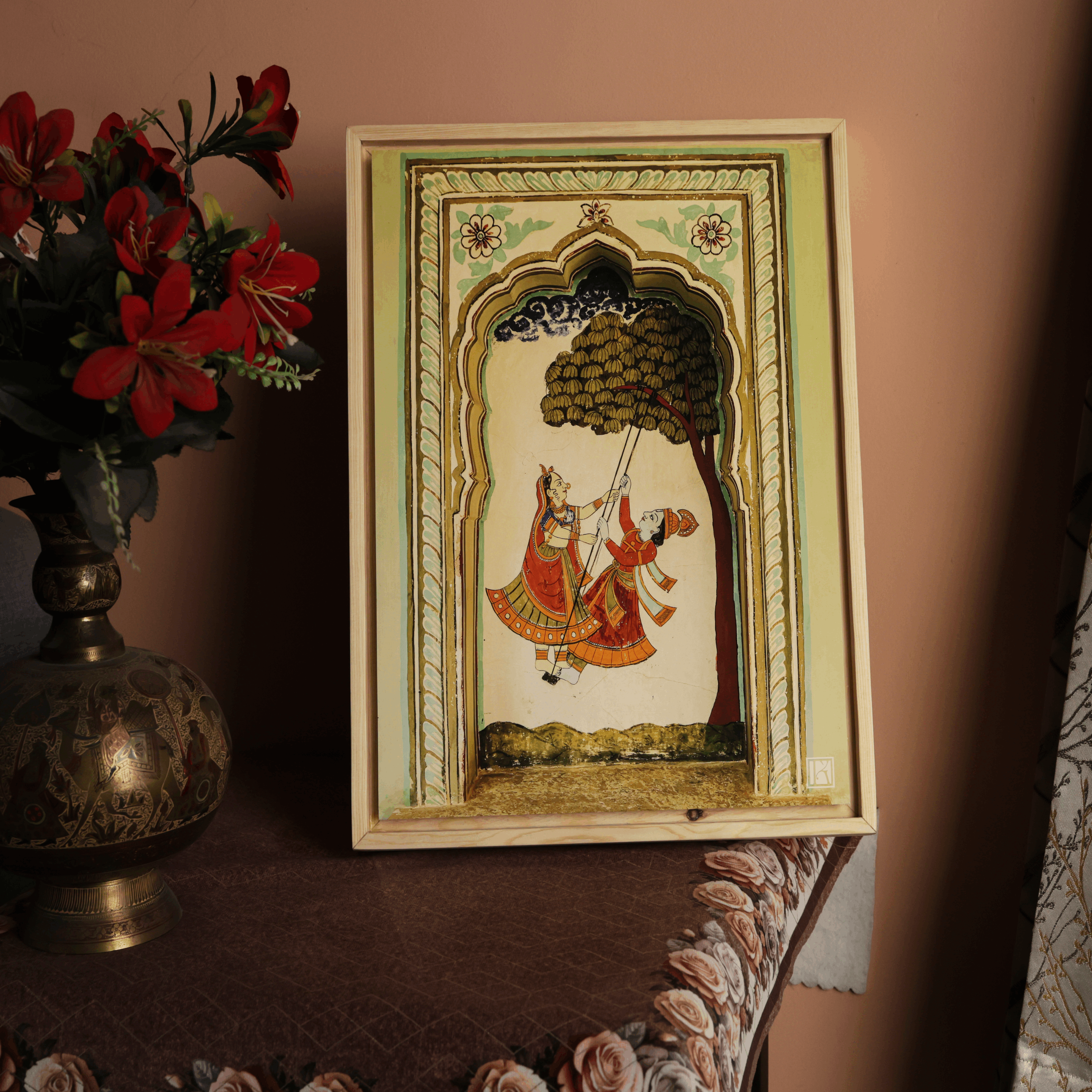 Mandawa Paintings, Shekhawati – Set of 3 | Radha Krishna Jhula, Divine Vishnu & Joyful Celebration | Fine Art Wall Photography Print