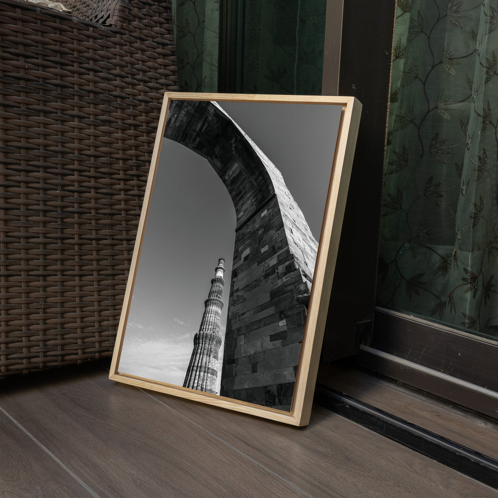 Qutub Minar Through the Arches – Black & White | Indian Heritage Fine Art Wall Photography Print