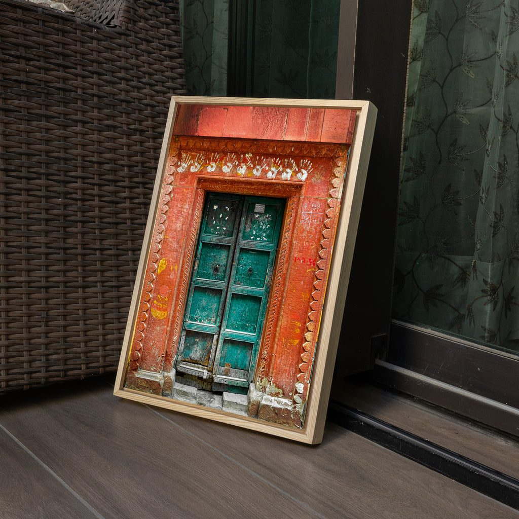 Varanasi – The Green Door of the Sacred Lane | Hindu Devotion Fine Art Wall Photography Print