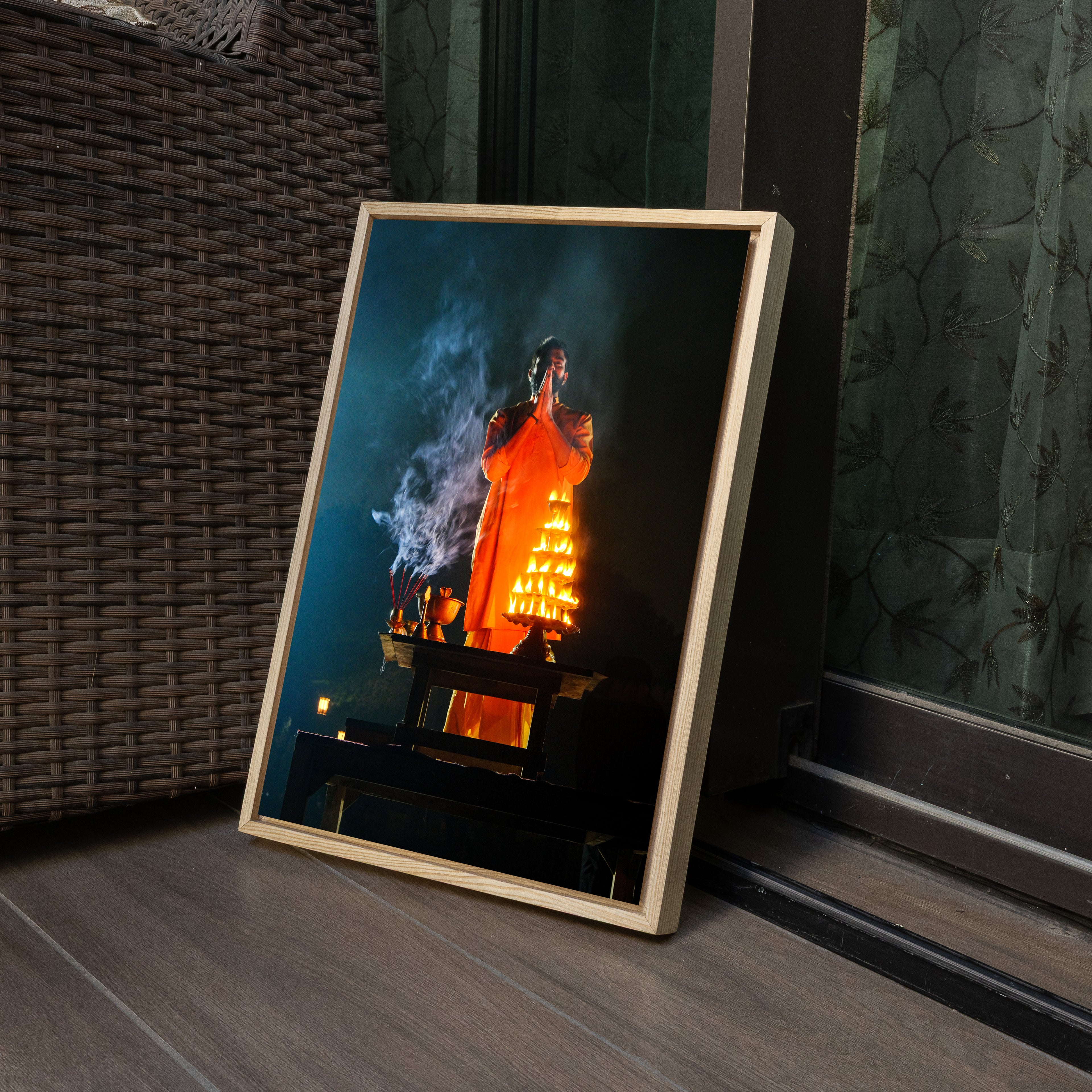 Yamuna Aarti – Priest in Divine Smoke & Night Light | Indian Spiritual Fine Art Wall Photography Print
