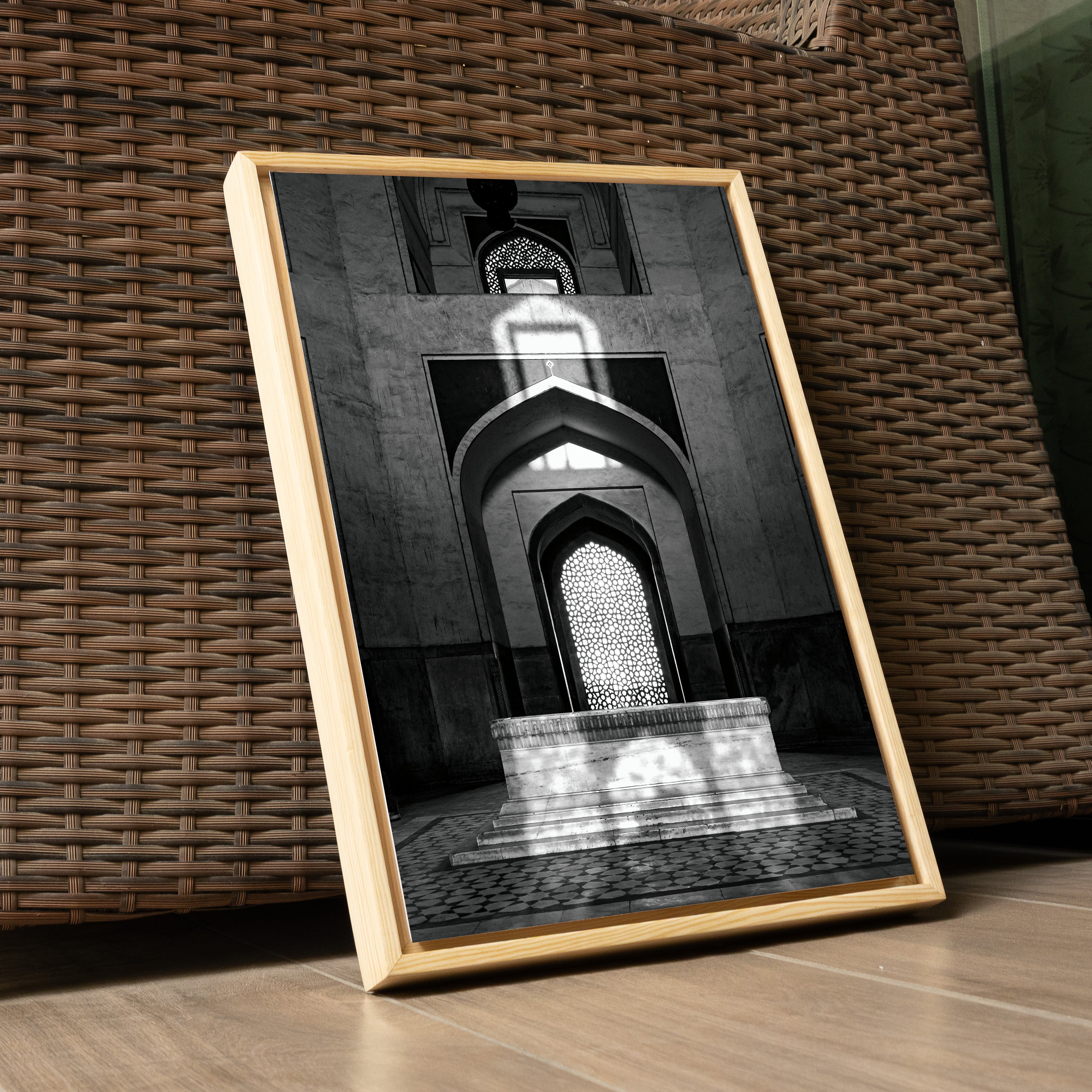 Humayun's Tomb Grave – Shadows, Reflections & Inlays | Black & White Fine Art Print
