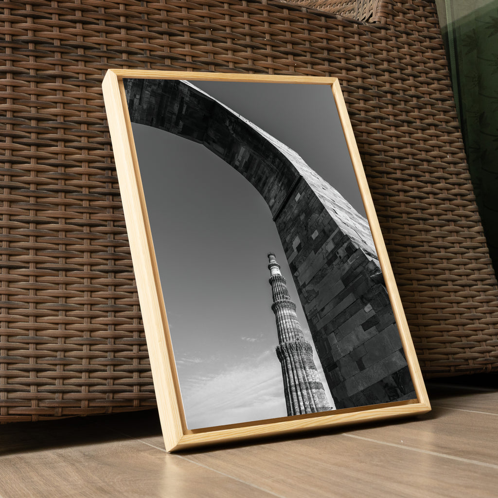 Qutub Minar Through the Arches – Black & White | Indian Heritage Fine Art Wall Photography Print