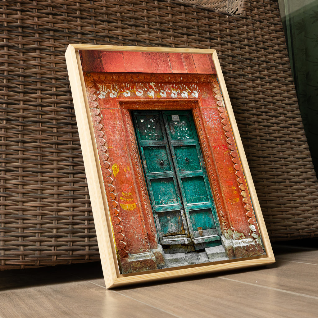 Varanasi – The Green Door of the Sacred Lane | Hindu Devotion Fine Art Wall Photography Print