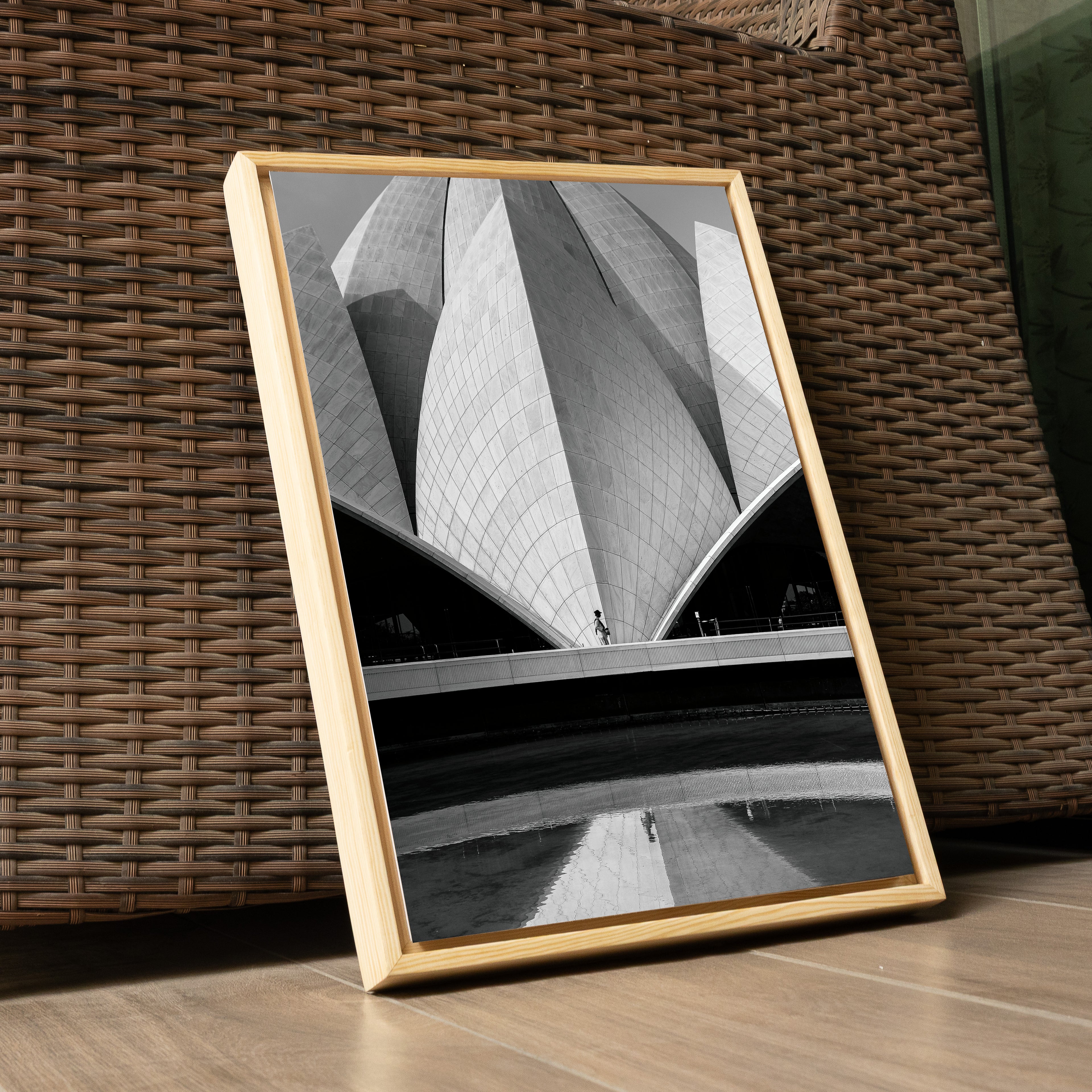 Lotus Temple Delhi – Concrete Petals, Shadow & Pool Reflection | B&W Architectural Fine Art Wall Photography Print