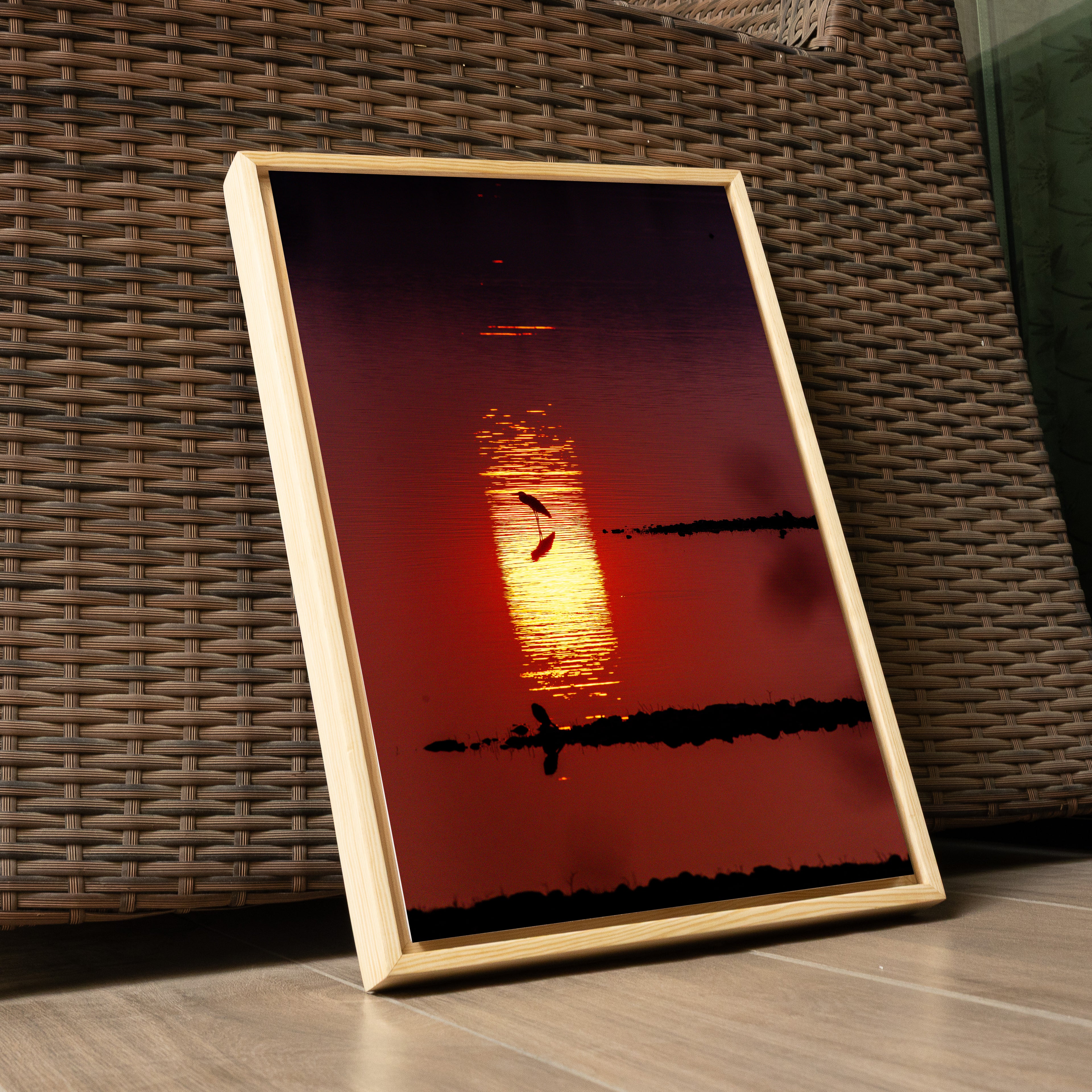 Bird in Silhouette – Sunset Over the Lake | Crimson Reflections Fine Art Wall Photography Print