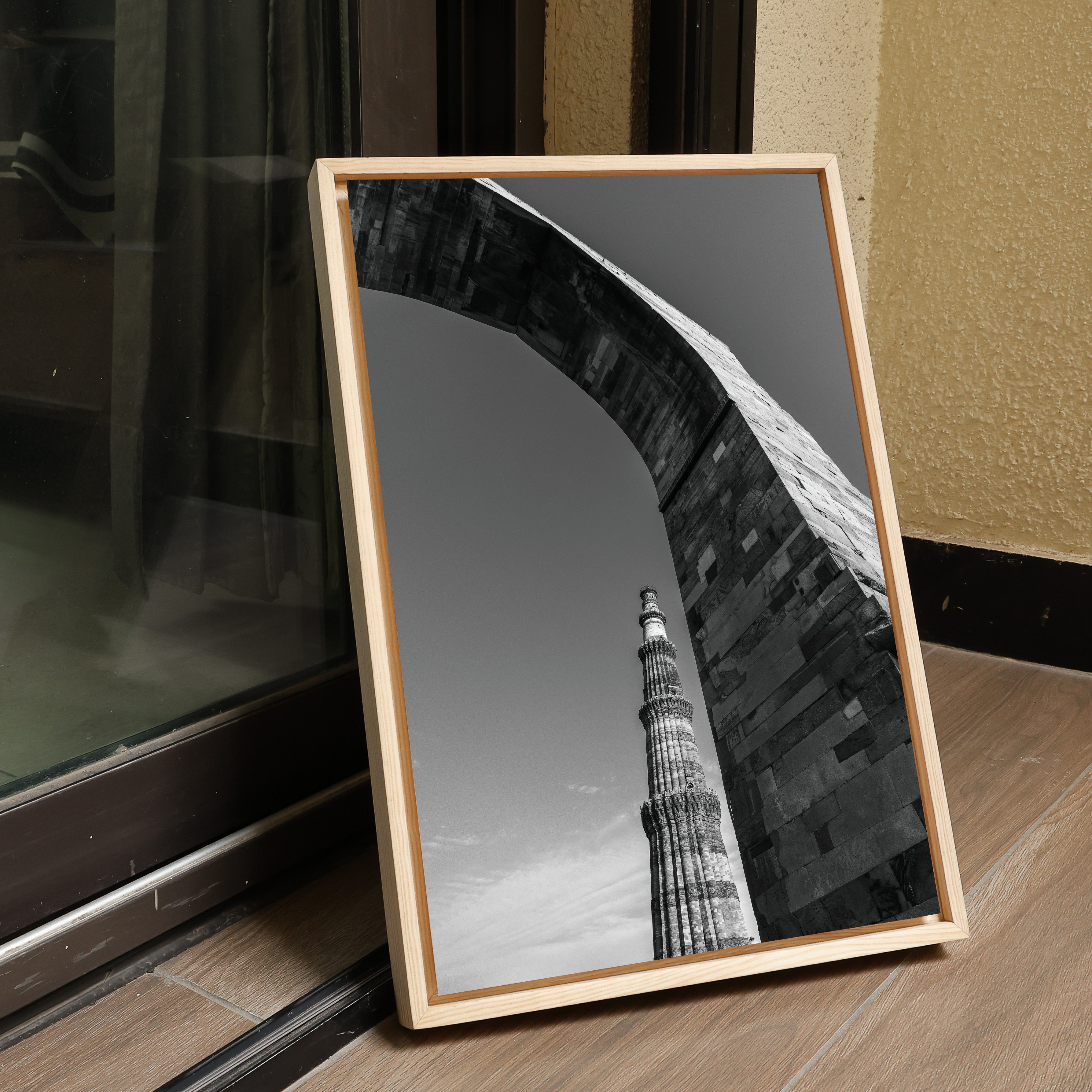 Qutub Minar Through the Arches – Black & White | Indian Heritage Fine Art Wall Photography Print
