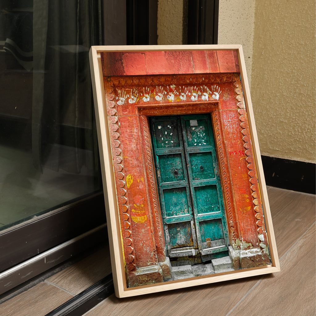 Varanasi – The Green Door of the Sacred Lane | Hindu Devotion Fine Art Wall Photography Print