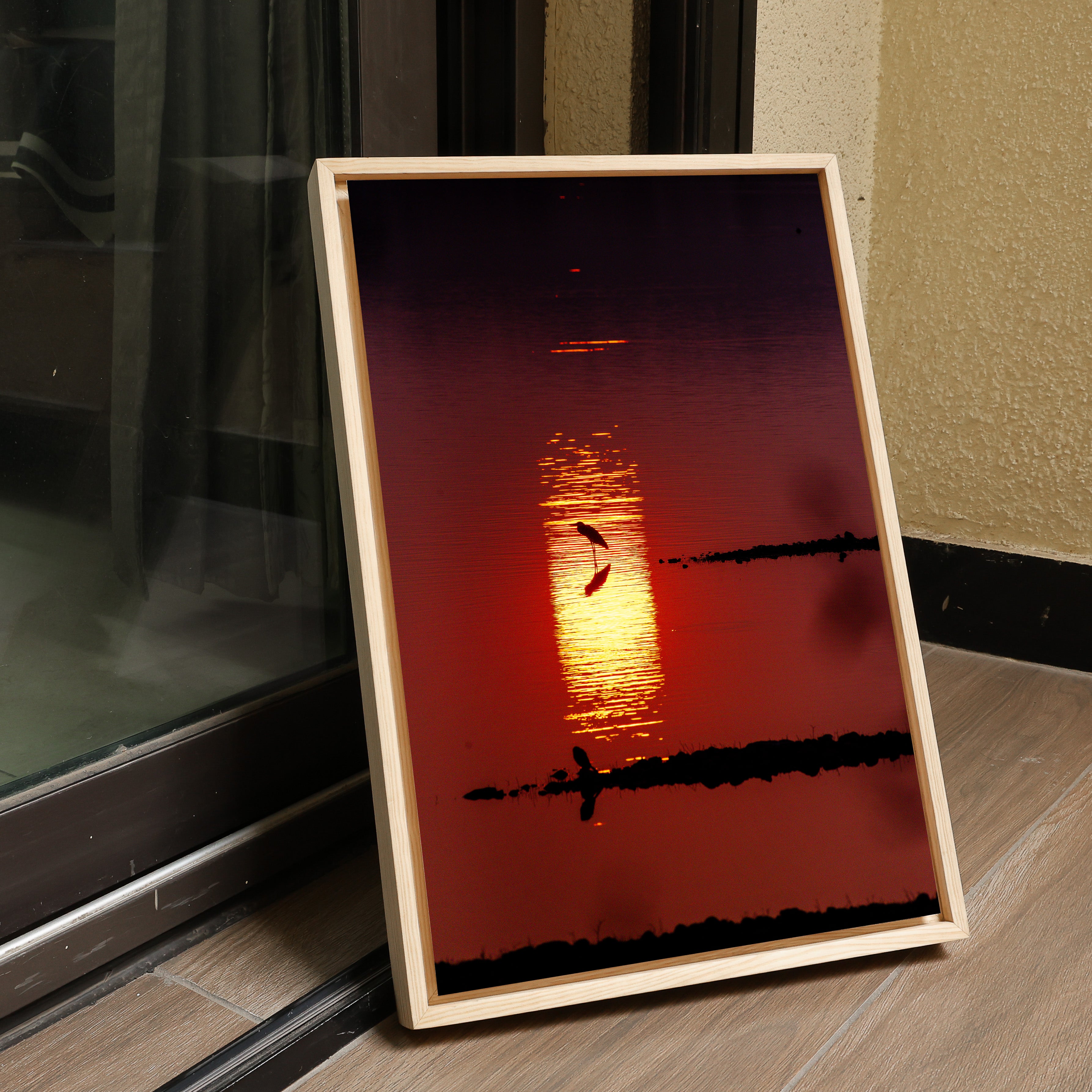 Bird in Silhouette – Sunset Over the Lake | Crimson Reflections Fine Art Wall Photography Print