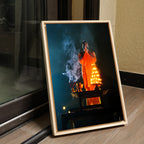 Yamuna Aarti – Priest in Divine Smoke & Night Light | Indian Spiritual Fine Art Wall Photography Print