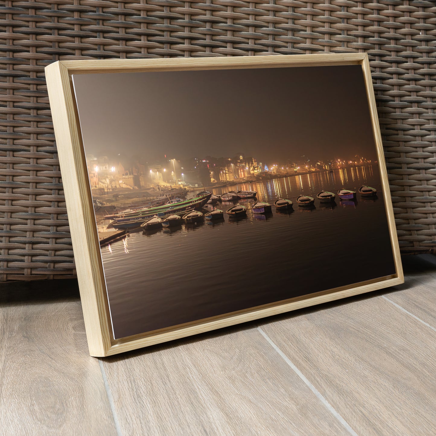 Varanasi Ganga Ghats – Boats at Rest, City Lights & the Sacred River at Night | Fine Art Wall Photography Print
