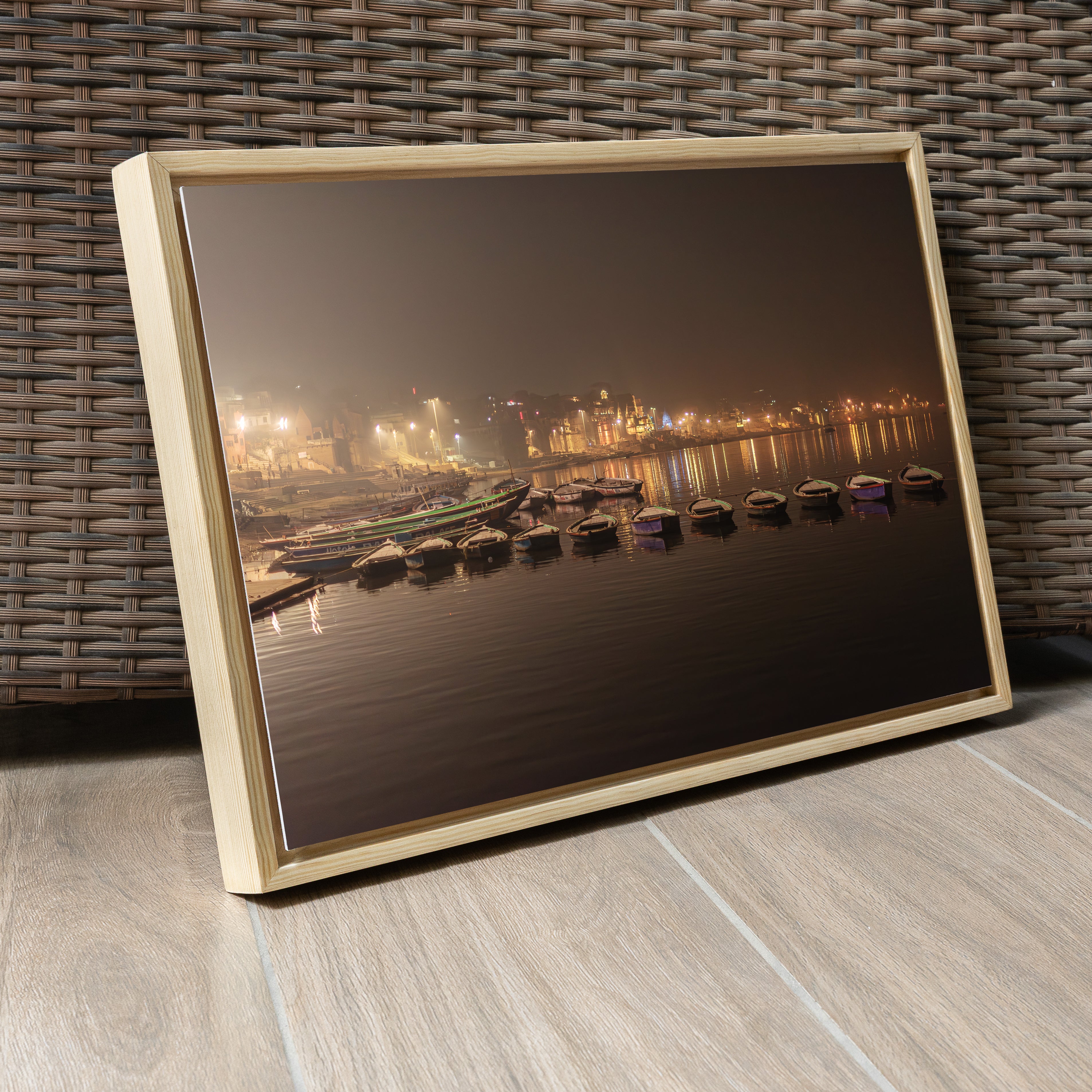 Varanasi Ganga Ghats – Boats at Rest, City Lights & the Sacred River at Night | Fine Art Wall Photography Print