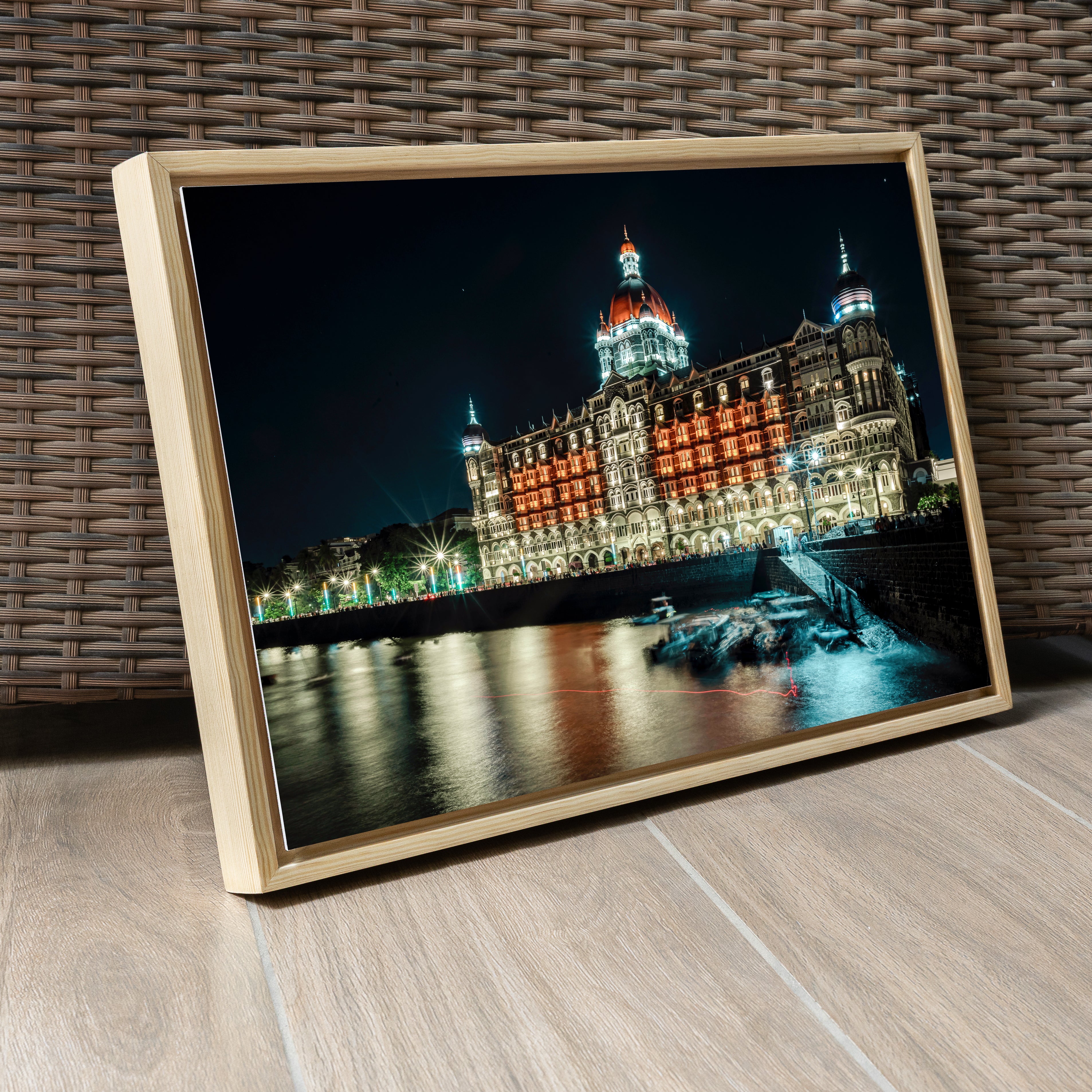Mumbai Street Photography – Taj Mahal Palace Hotel at Night, Sea Reflections & Twinkling Lights | Fine Art Wall Photography Print