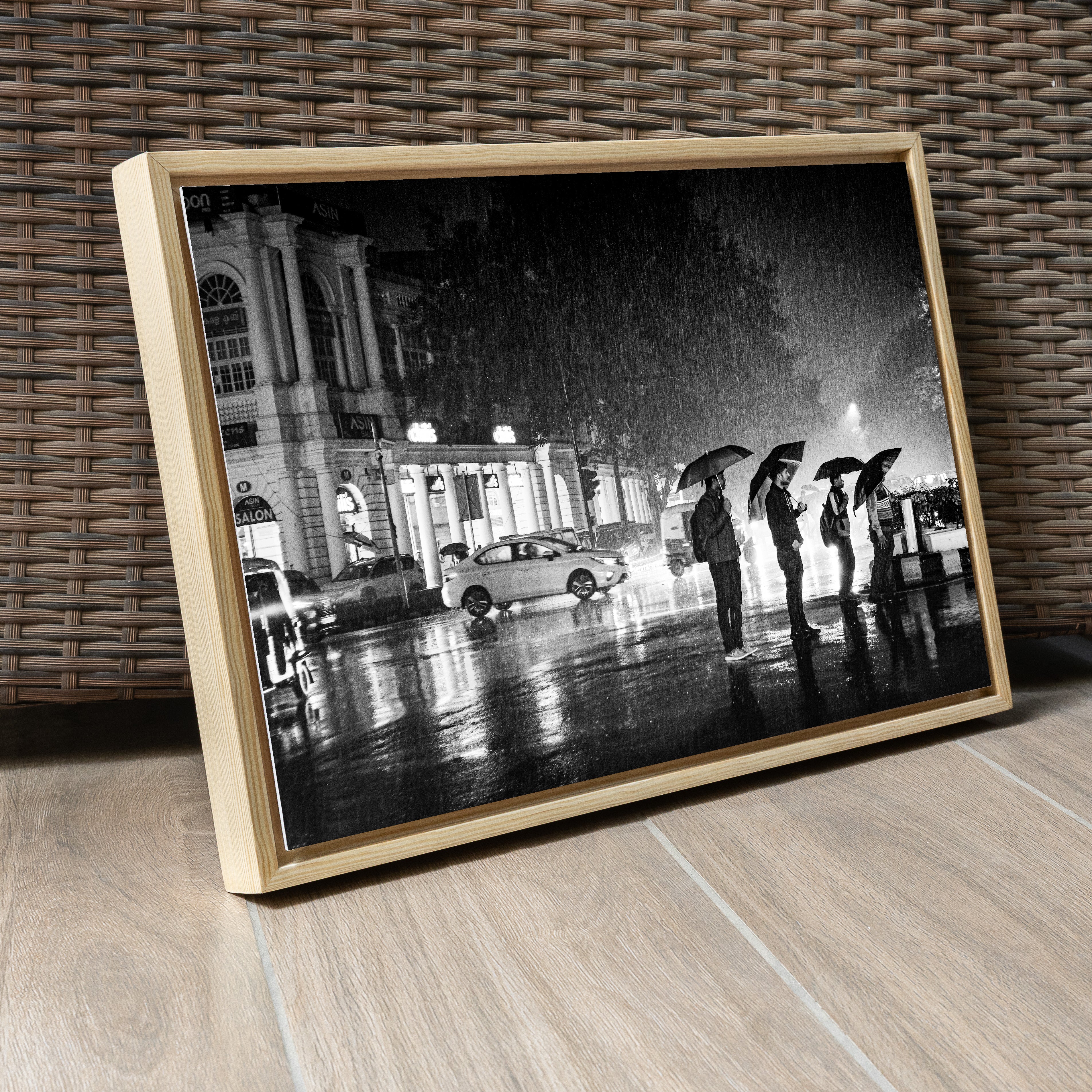 Connaught Place in the Rain – Umbrella Silhouettes on a Monsoon Night, New Delhi | Fine Art B&W Photography Print