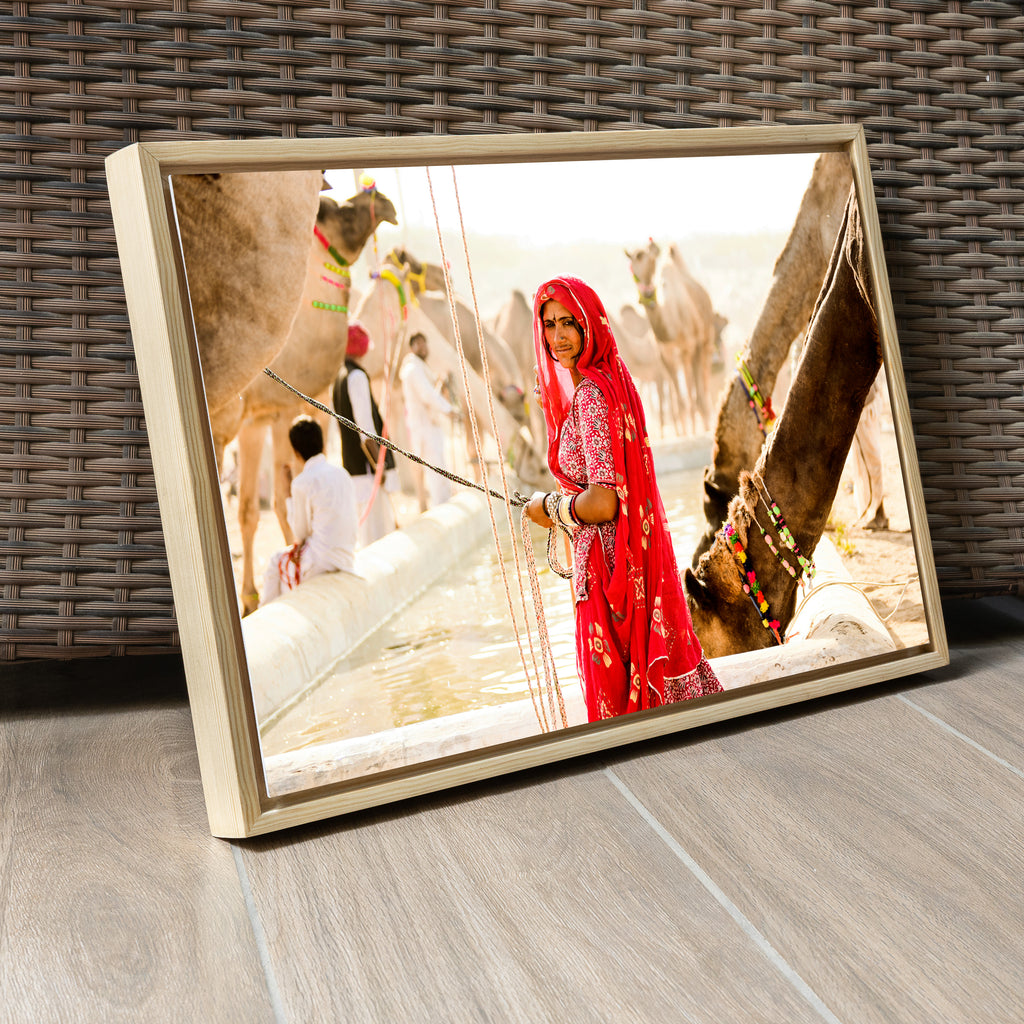 Pushkar Camel Fair – Woman in Red at the Camel Pond | Rajasthan Fine Art Wall Photography Print