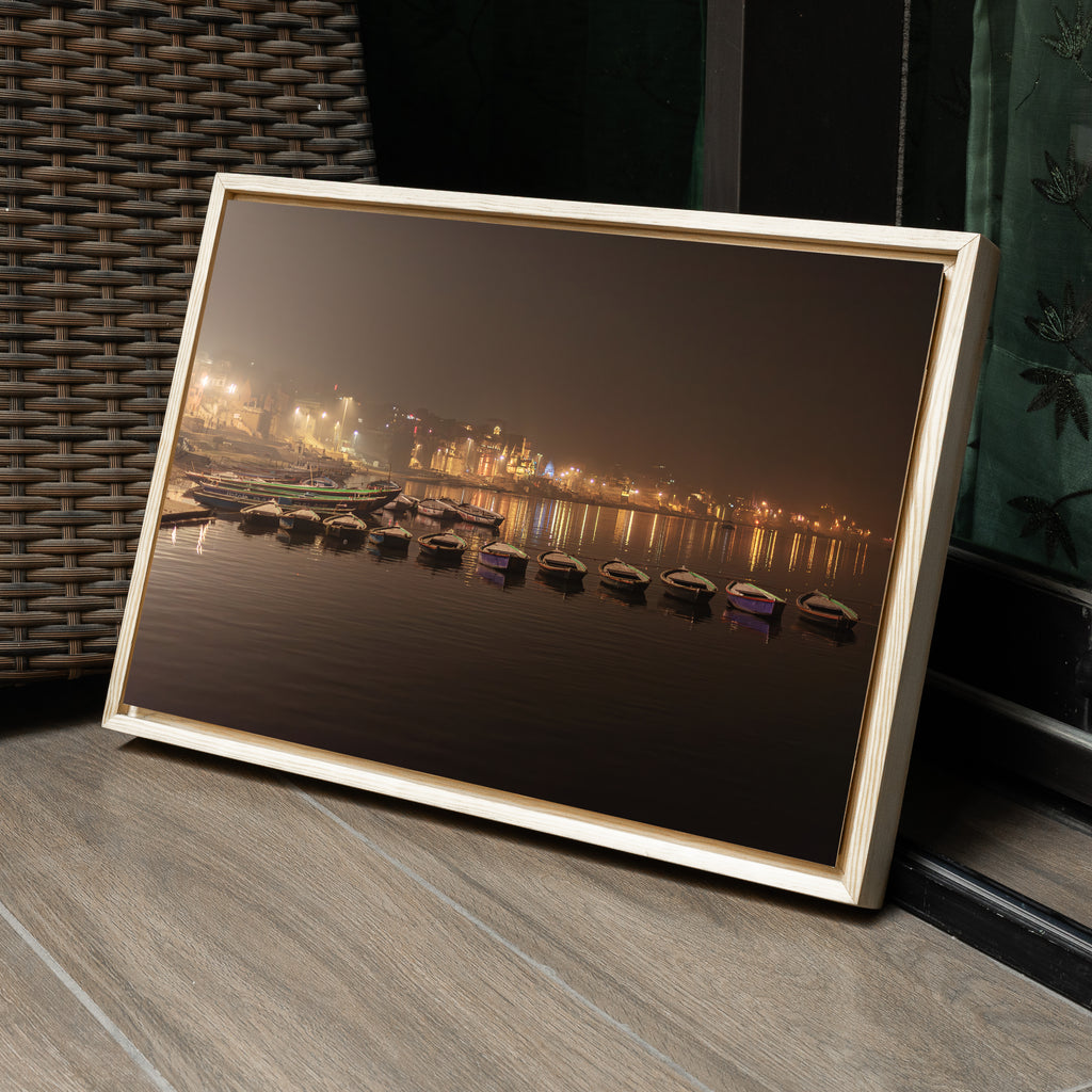 Varanasi Ganga Ghats – Boats at Rest, City Lights & the Sacred River at Night | Fine Art Wall Photography Print