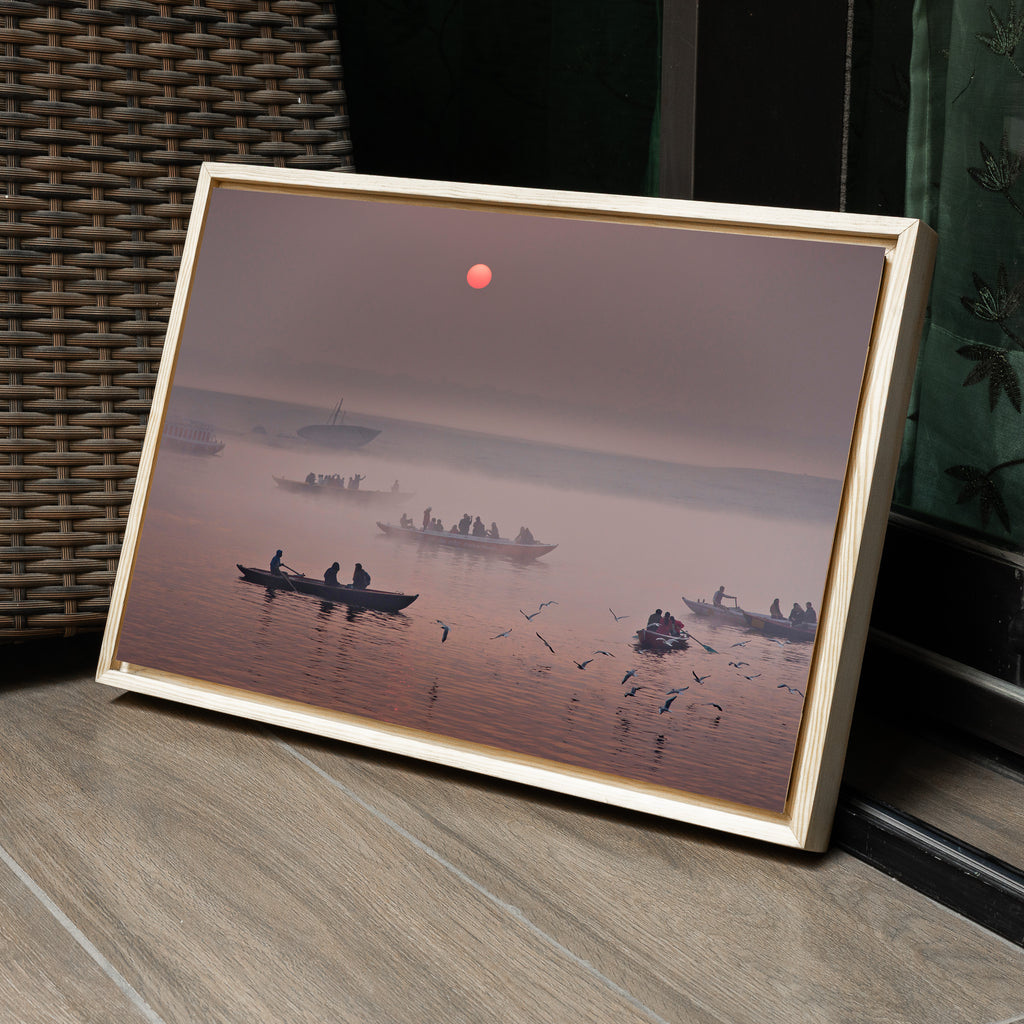 Varanasi Ganga Ghats – Winter Morning Fog, Silhouettes & the Crimson Sun | Fine Art Wall Photography Print