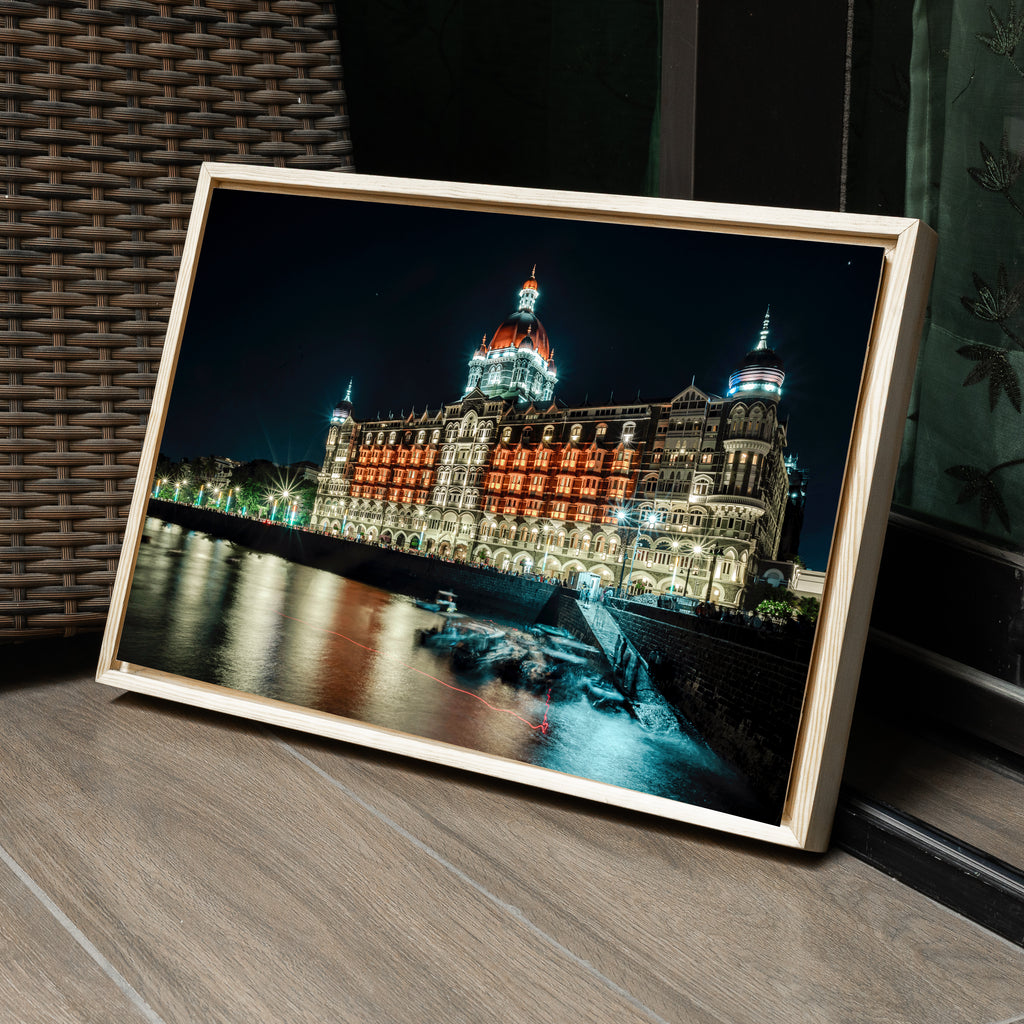 Mumbai Street Photography – Taj Mahal Palace Hotel at Night, Sea Reflections & Twinkling Lights | Fine Art Wall Photography Print