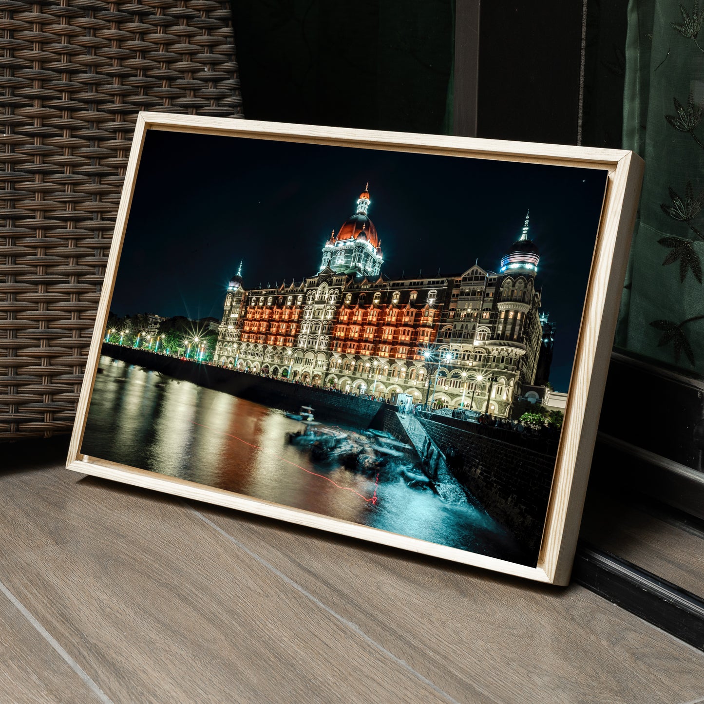 Mumbai Street Photography – Taj Mahal Palace Hotel at Night, Sea Reflections & Twinkling Lights | Fine Art Wall Photography Print