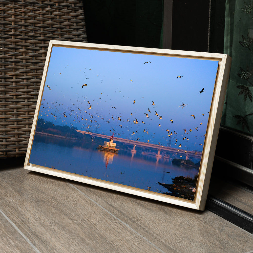 Yamuna River – Winter Morning, Flock of Seagulls & the Blue Dawn Sky | Fine Art Wall Photography Print
