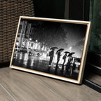 Connaught Place in the Rain – Umbrella Silhouettes on a Monsoon Night, New Delhi | Fine Art B&W Photography Print