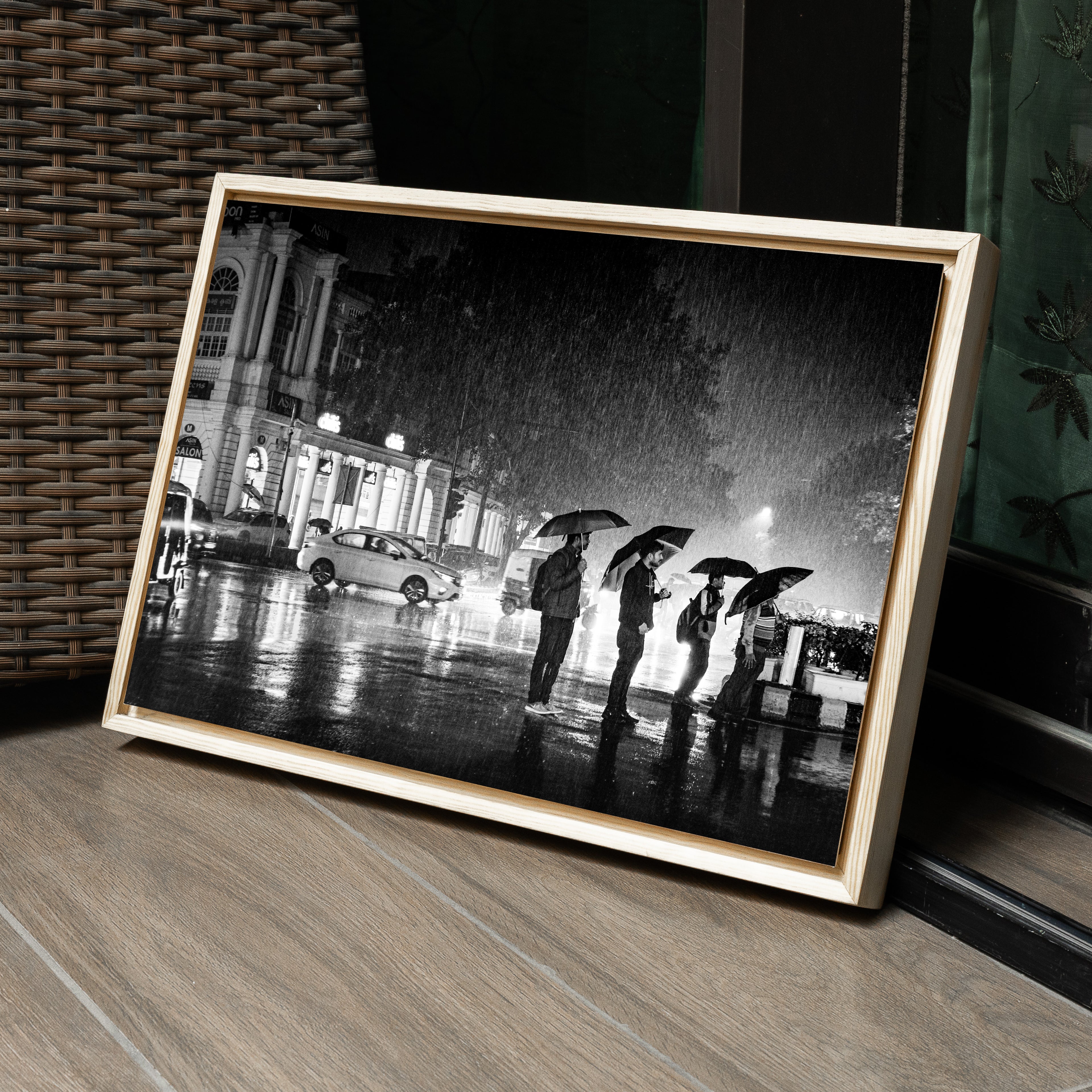 Connaught Place in the Rain – Umbrella Silhouettes on a Monsoon Night, New Delhi | Fine Art B&W Photography Print