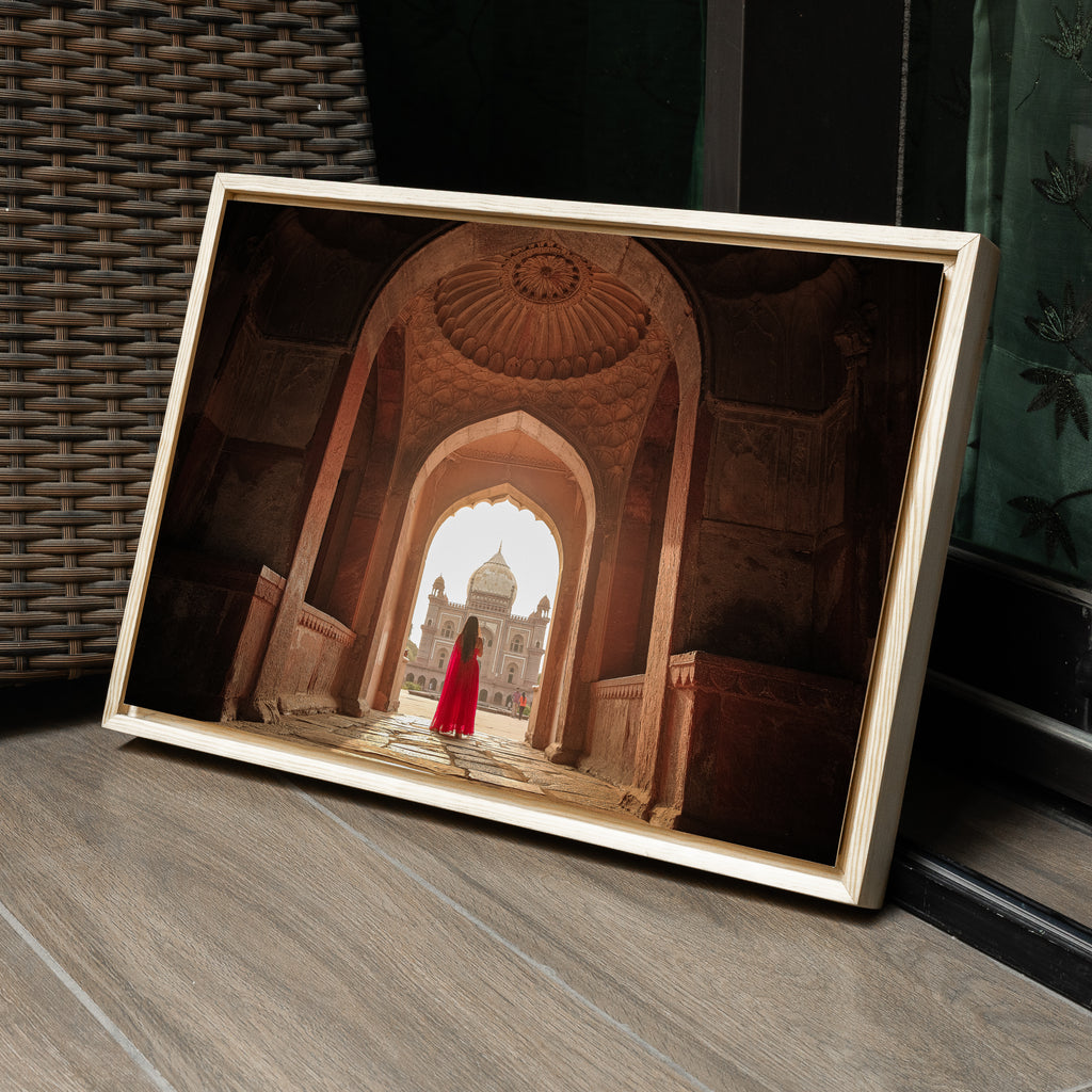 Safdarjung Tomb – Woman in Red | A Story of Peace, Love & Contrast in Sunlight | Fine Art Wall Photography Print
