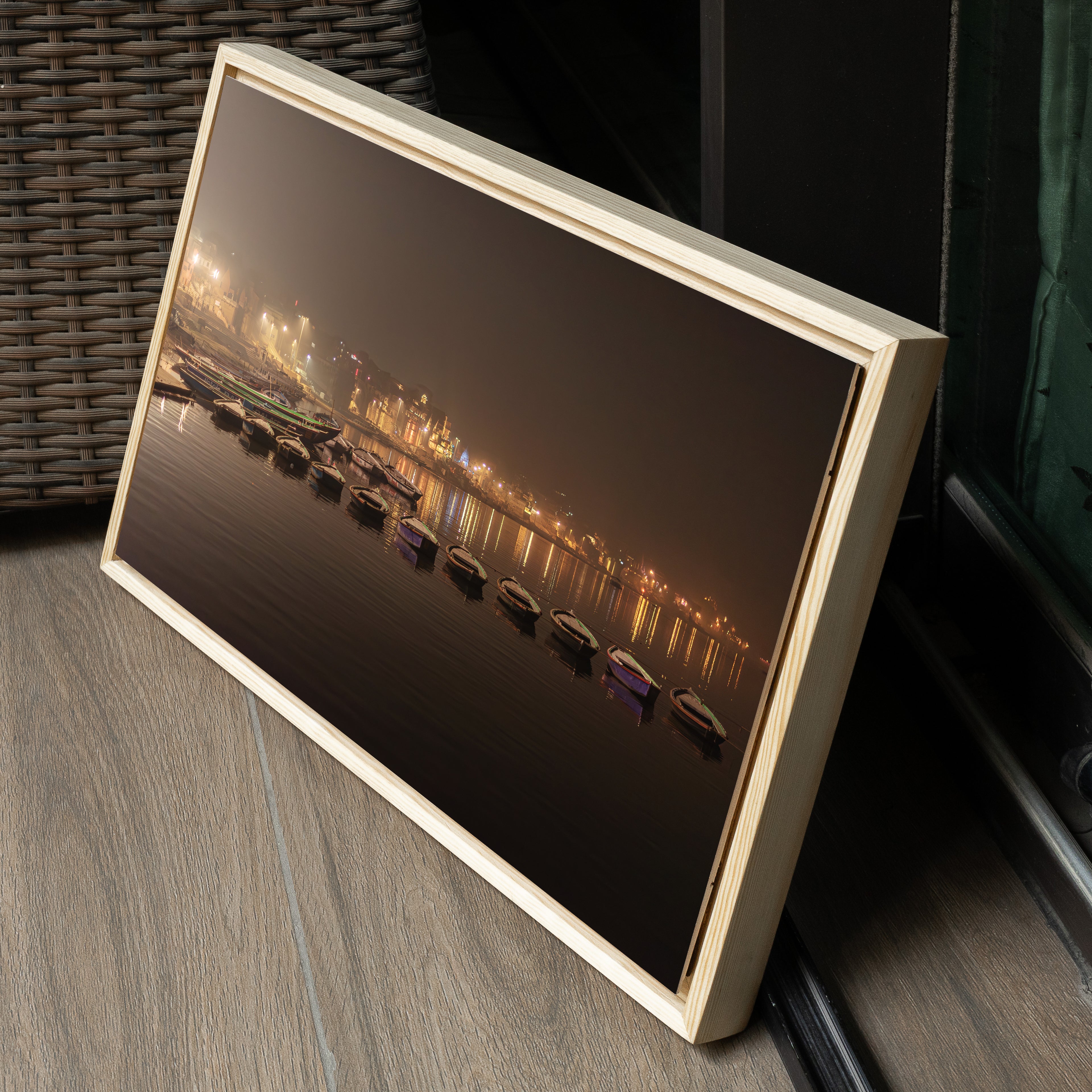 Varanasi Ganga Ghats – Boats at Rest, City Lights & the Sacred River at Night | Fine Art Wall Photography Print