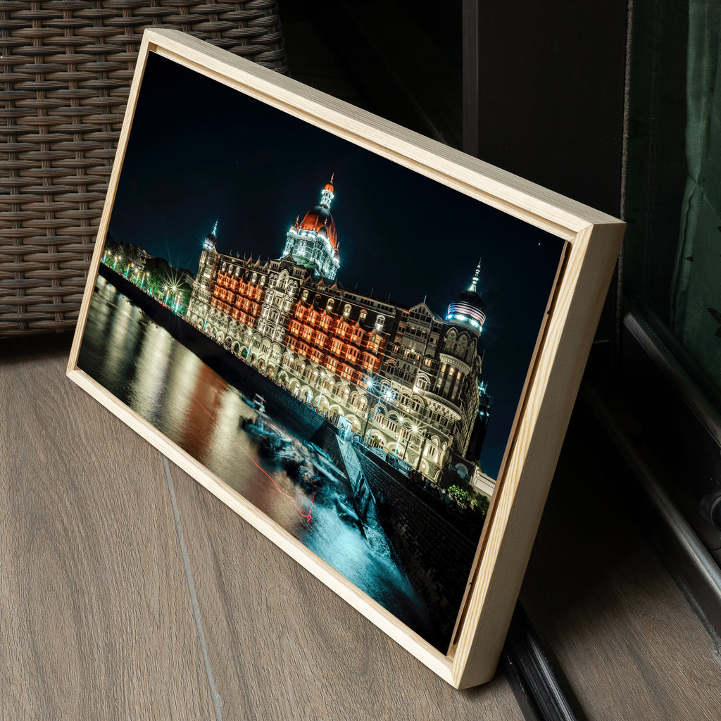 Mumbai Street Photography – Taj Mahal Palace Hotel at Night, Sea Reflections & Twinkling Lights | Fine Art Wall Photography Print