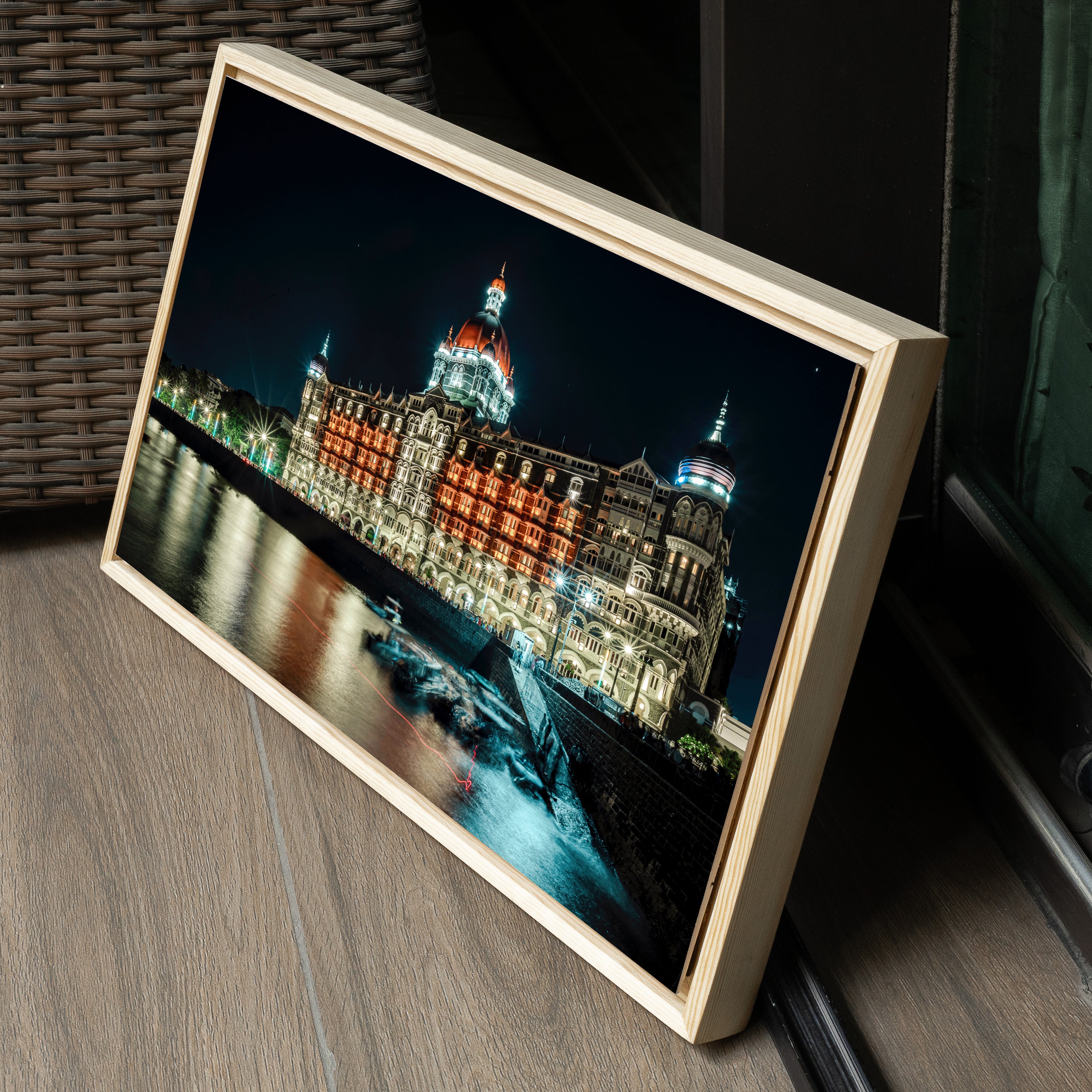 Mumbai Street Photography – Taj Mahal Palace Hotel at Night, Sea Reflections & Twinkling Lights | Fine Art Wall Photography Print