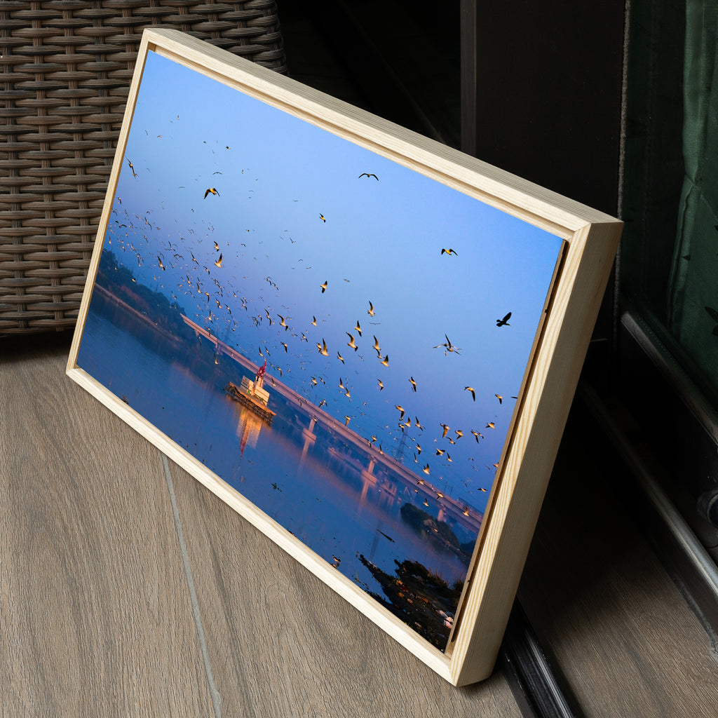 Yamuna River – Winter Morning, Flock of Seagulls & the Blue Dawn Sky | Fine Art Wall Photography Print