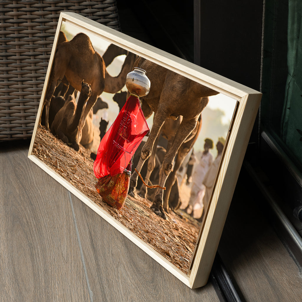 Pushkar Camel Fair – Woman in Red & Golden Light | Rajasthan Fine Art Wall Photography Print