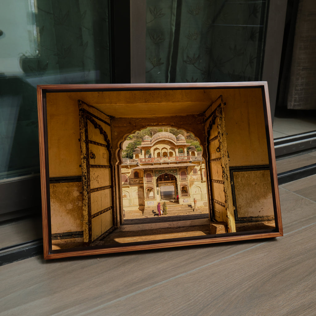 Galta Ji Temple Complex – Frame Within a Frame | Morning Light, Golden Stone & Sacred Depth | Fine Art Wall Photography Print