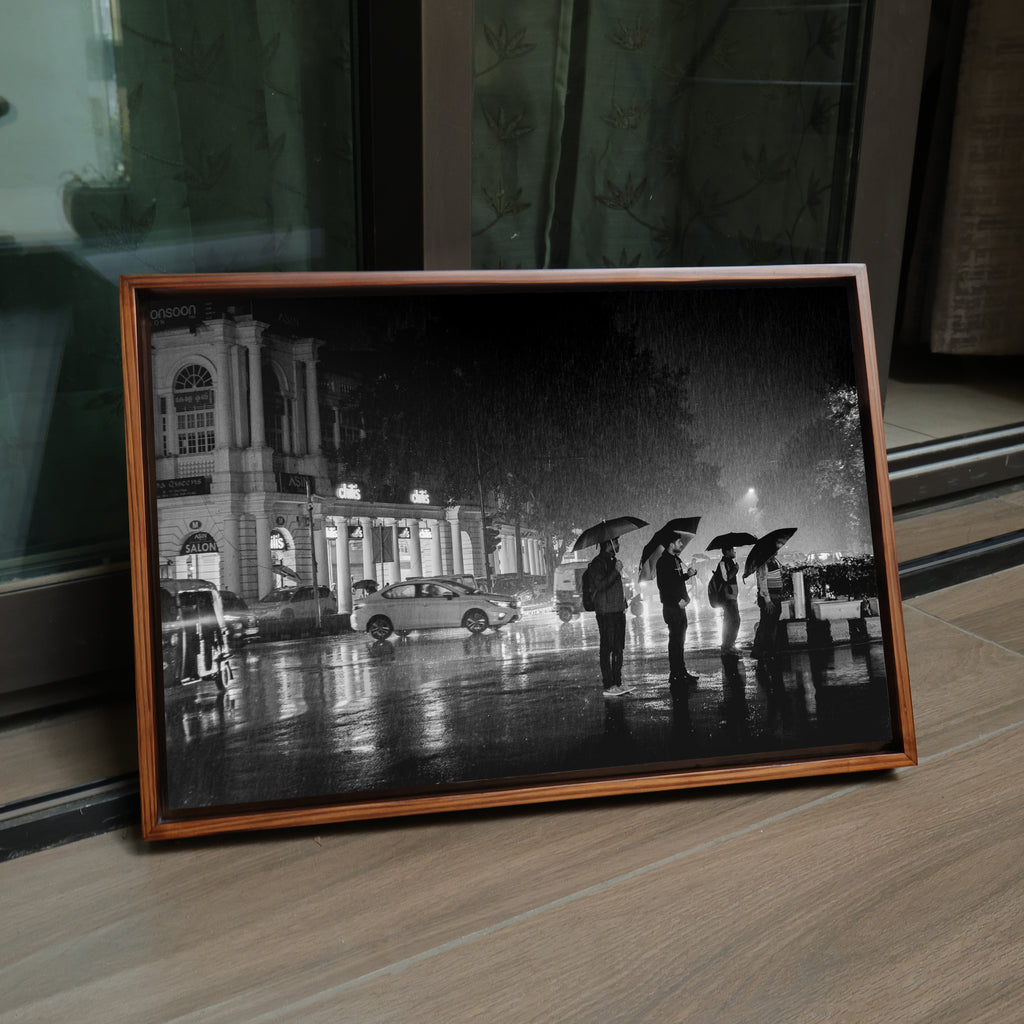 Connaught Place in the Rain – Umbrella Silhouettes on a Monsoon Night, New Delhi | Fine Art B&W Photography Print