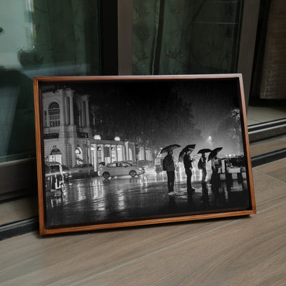 Connaught Place in the Rain – Umbrella Silhouettes on a Monsoon Night, New Delhi | Fine Art B&W Photography Print