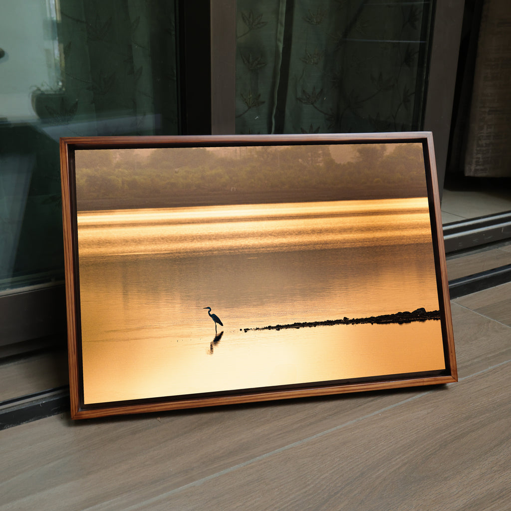 Bird in Silhouette, Wetland Lake at Sunset – Reflection, Stillness & the Golden Hour | Fine Art Wall Photography Print