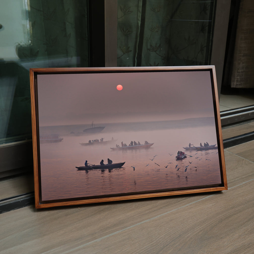 Varanasi Ganga Ghats – Winter Morning Fog, Silhouettes & the Crimson Sun | Fine Art Wall Photography Print