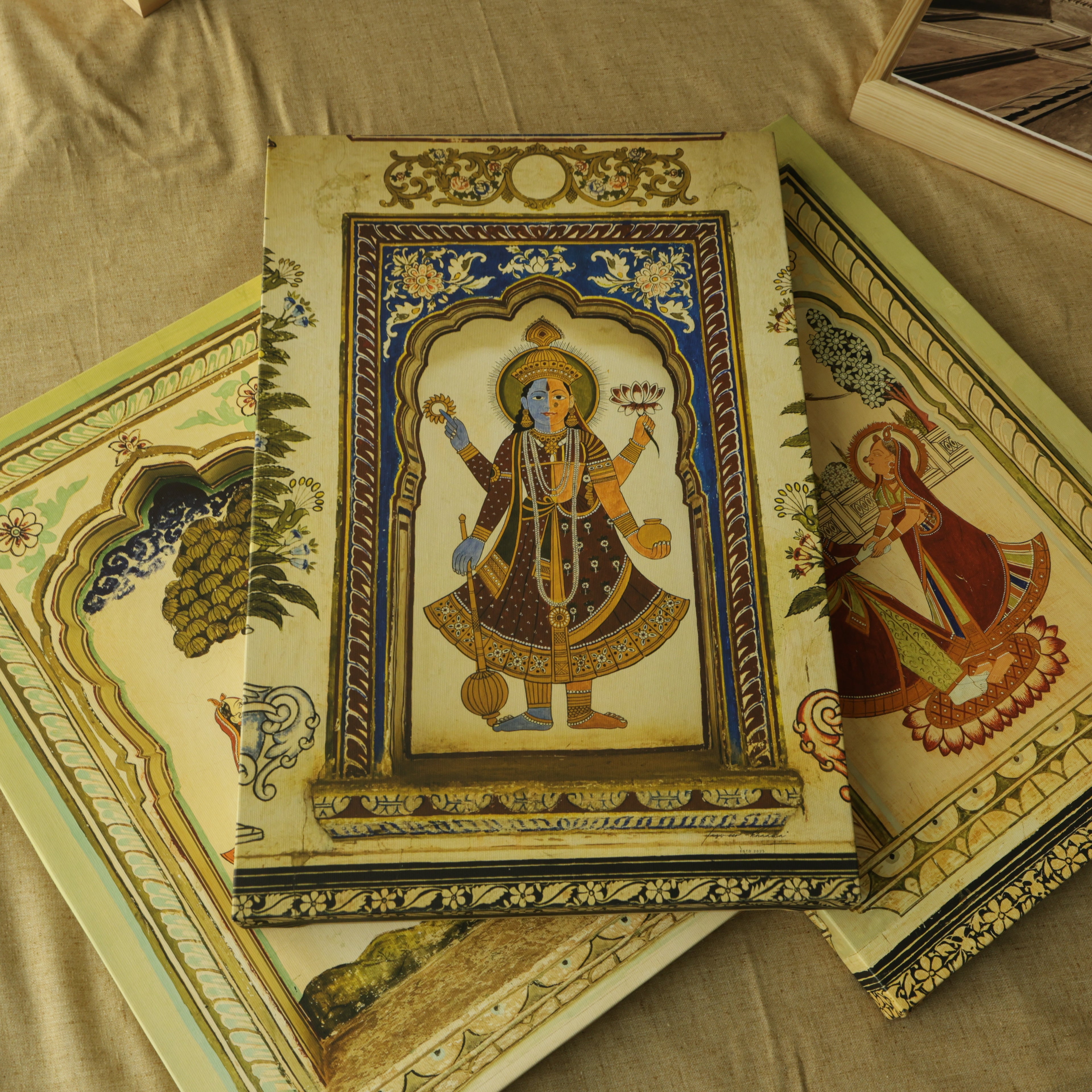 Mandawa Paintings, Shekhawati – Set of 3 | Radha Krishna Jhula, Divine Vishnu & Joyful Celebration | Fine Art Wall Photography Print