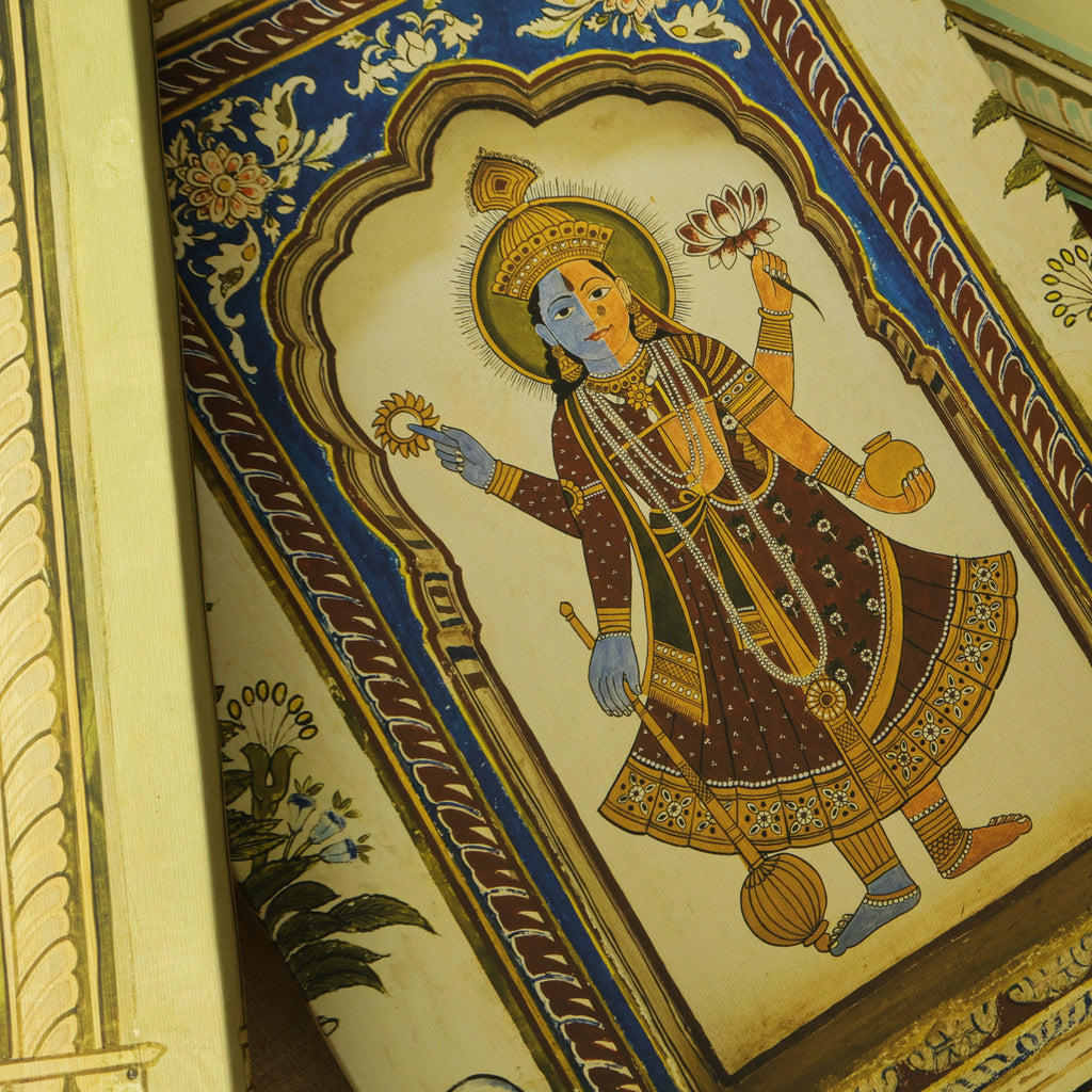 Mandawa Paintings, Shekhawati – Set of 3 | Radha Krishna Jhula, Divine Vishnu & Joyful Celebration | Fine Art Wall Photography Print