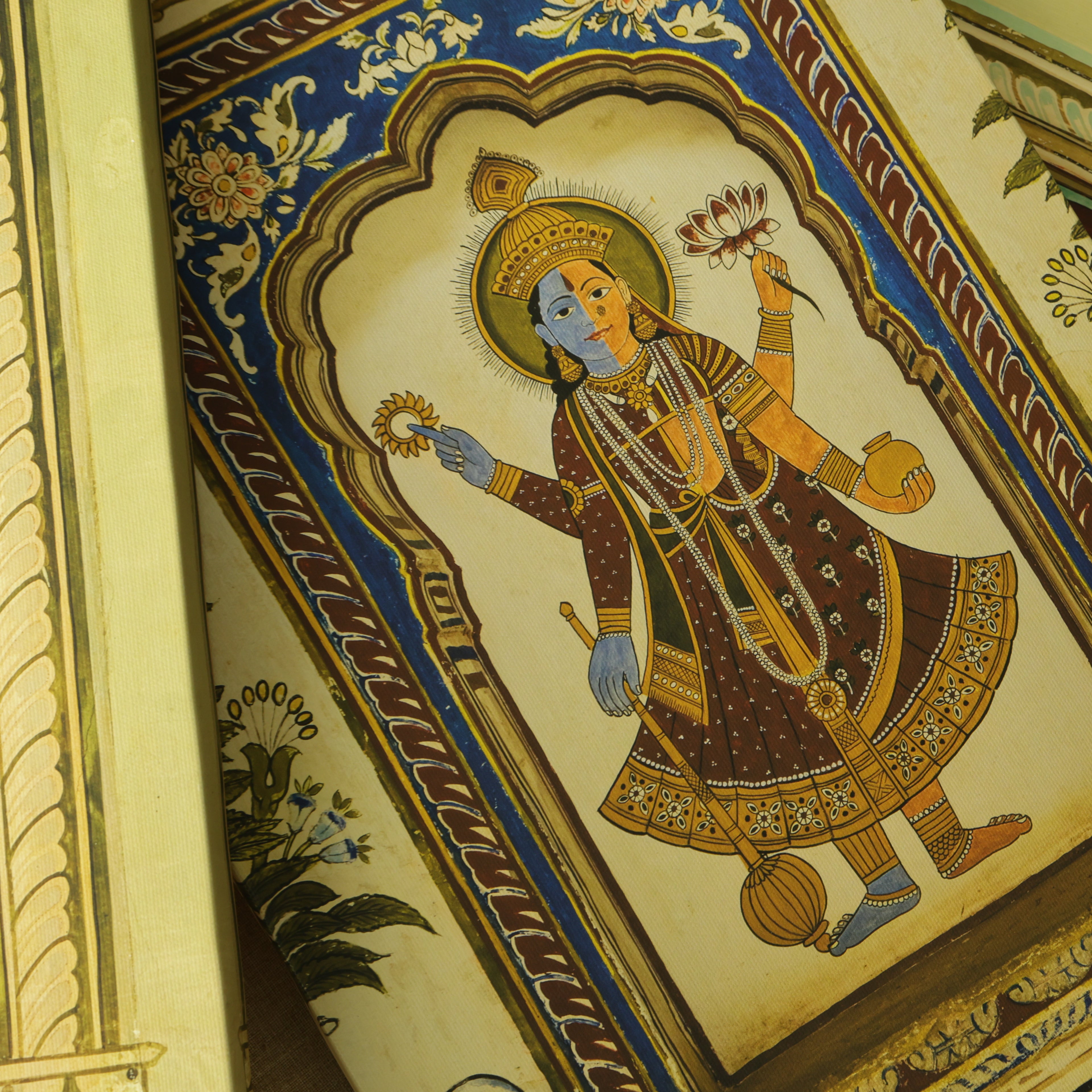 Mandawa Paintings, Shekhawati – Set of 3 | Radha Krishna Jhula, Divine Vishnu & Joyful Celebration | Fine Art Wall Photography Print