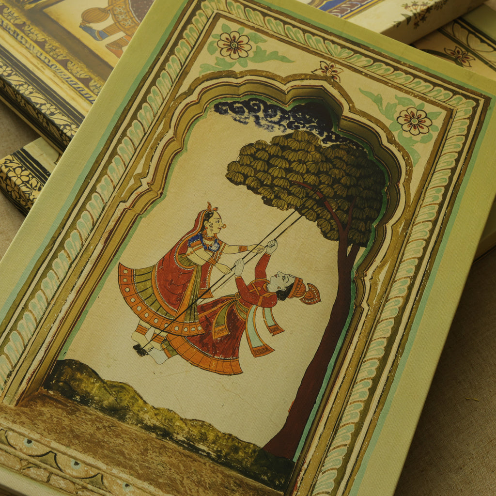 Mandawa Paintings, Shekhawati – Set of 3 | Radha Krishna Jhula, Divine Vishnu & Joyful Celebration | Fine Art Wall Photography Print