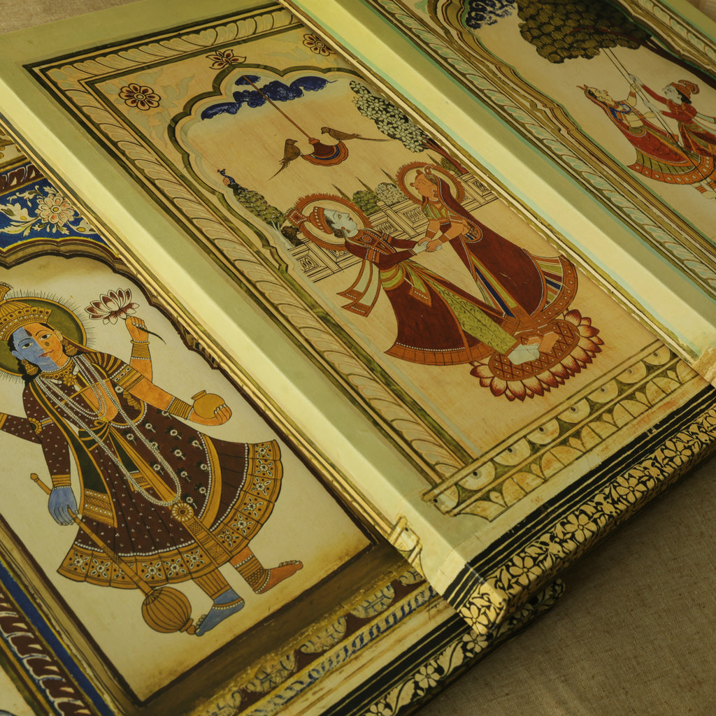 Mandawa Paintings, Shekhawati – Set of 3 | Radha Krishna Jhula, Divine Vishnu & Joyful Celebration | Fine Art Wall Photography Print