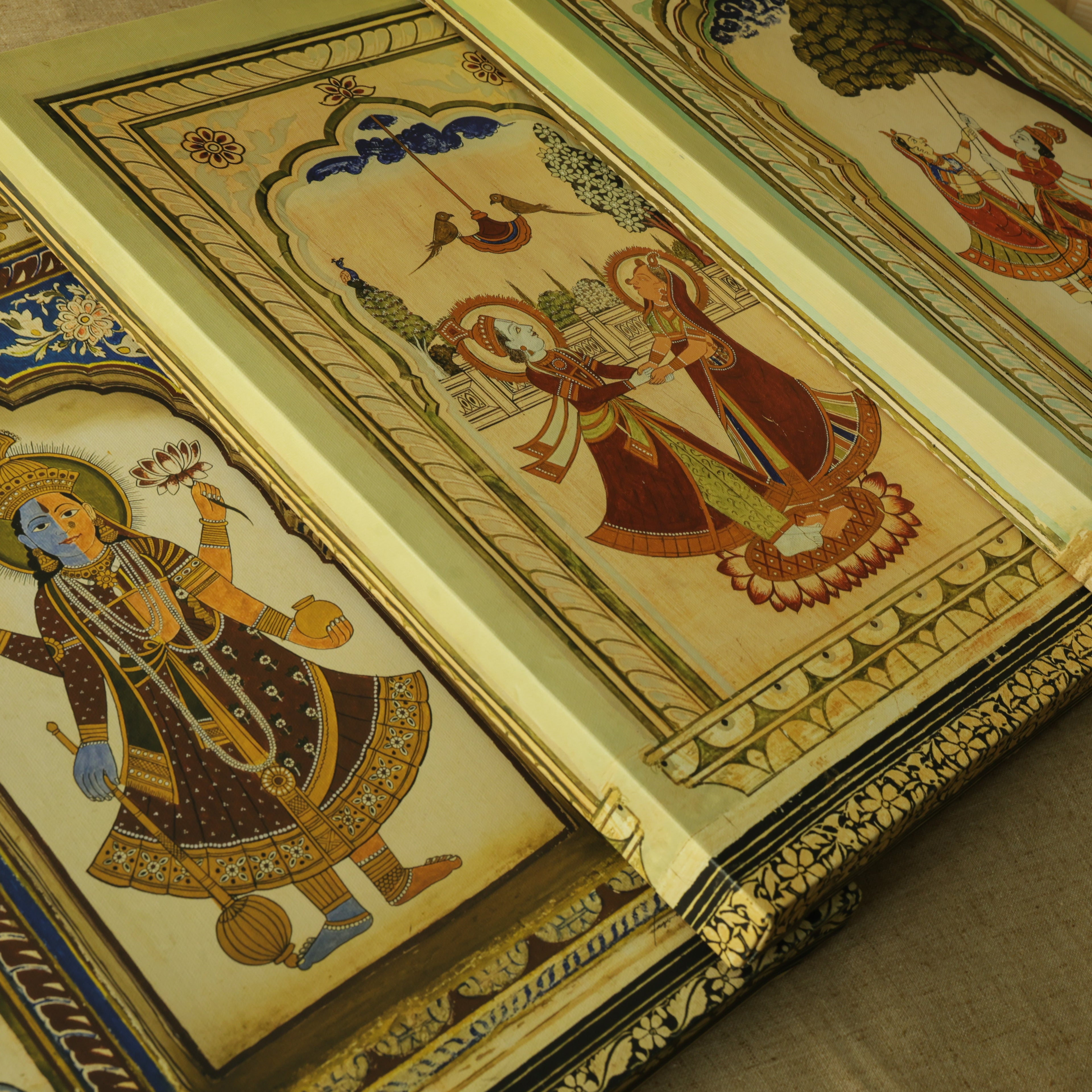 Mandawa Paintings, Shekhawati – Set of 3 | Radha Krishna Jhula, Divine Vishnu & Joyful Celebration | Fine Art Wall Photography Print