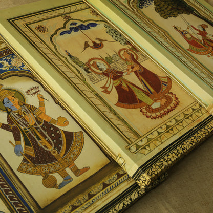 Mandawa Paintings, Shekhawati – Set of 3 | Radha Krishna Jhula, Divine Vishnu & Joyful Celebration | Fine Art Wall Photography Print