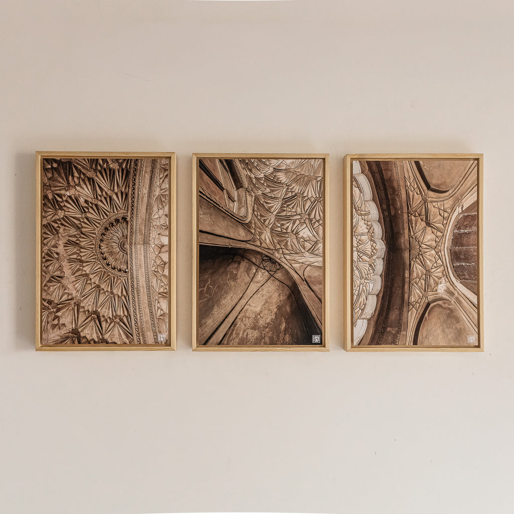 Safdarjung Tomb, Delhi – Vault Relief Triptych | Stucco, Shadow & the Last Flourish of the Mughals | Fine Art Wall Photography Print