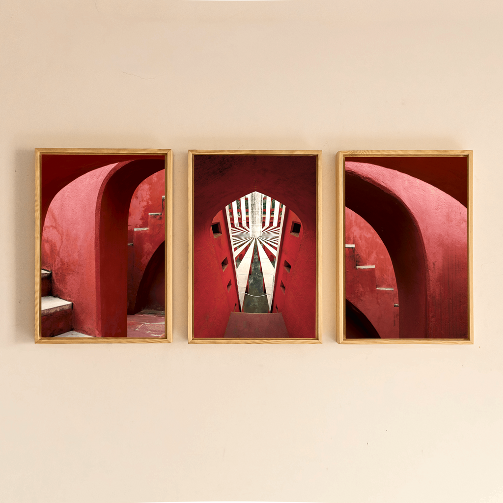 Jantar Mantar, Delhi – Crimson Arches & Vanishing Light | Fine Art Wall Photography Print | Triptych