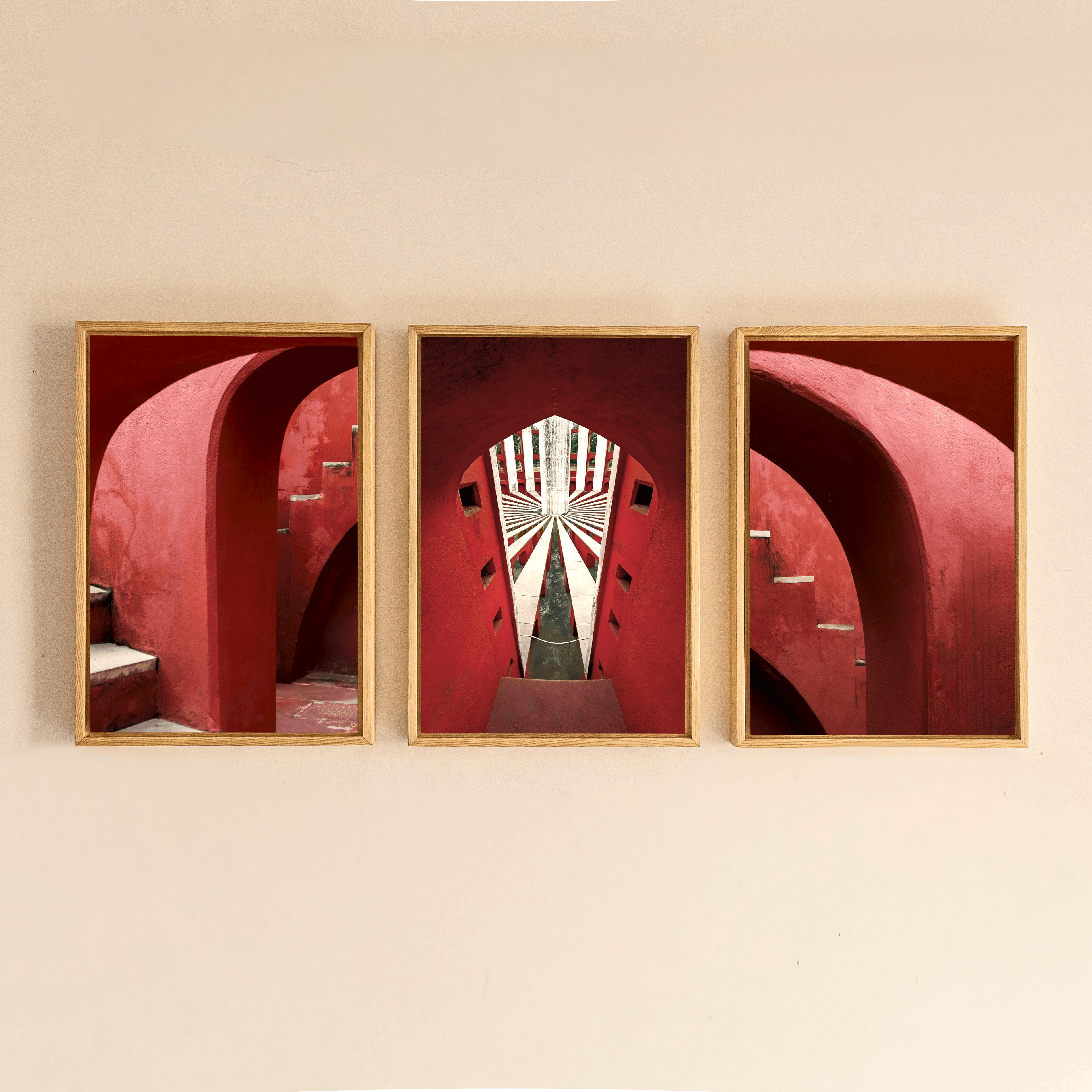 Jantar Mantar, Delhi – Crimson Arches & Vanishing Light | Fine Art Wall Photography Print | Triptych
