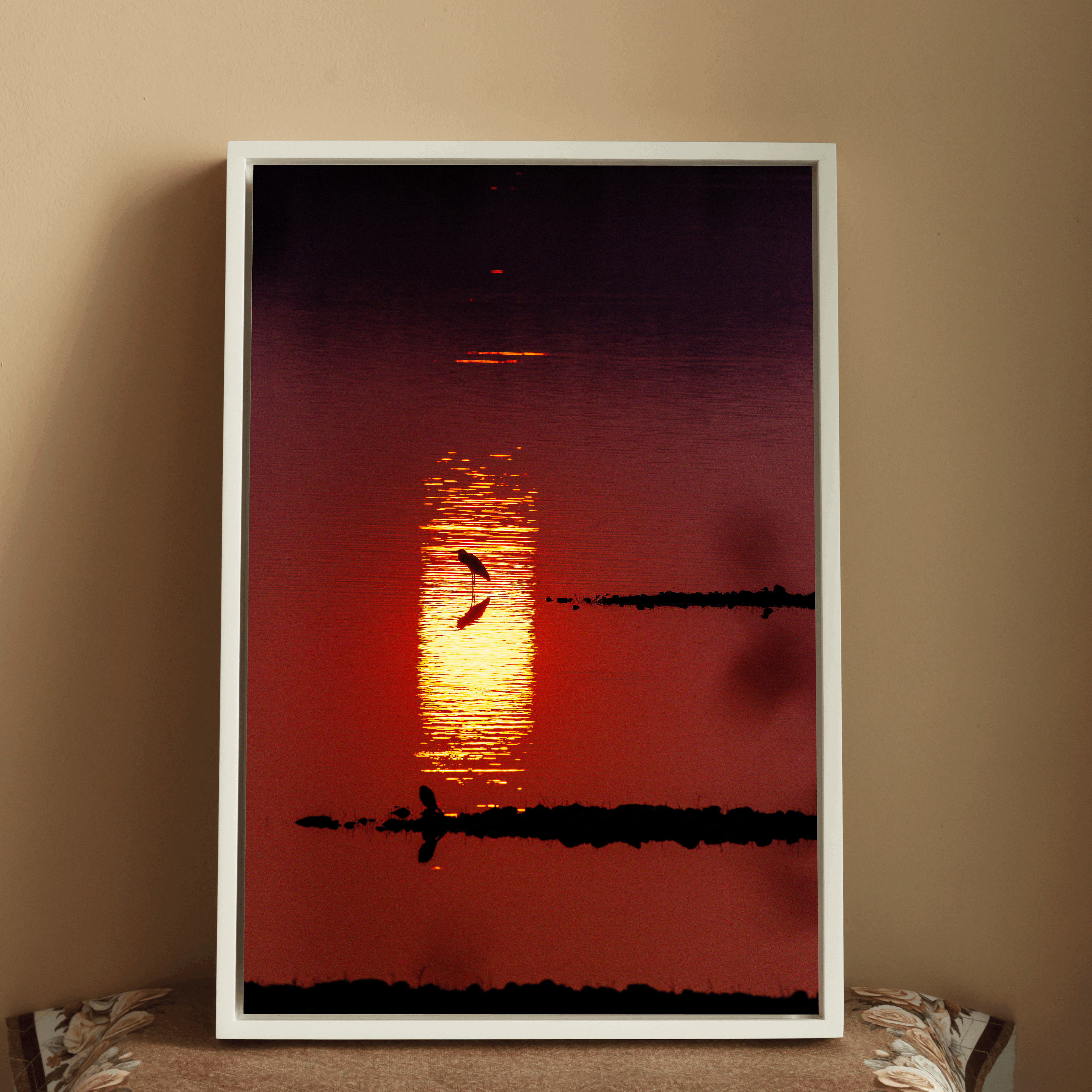 Bird in Silhouette – Sunset Over the Lake | Crimson Reflections Fine Art Wall Photography Print